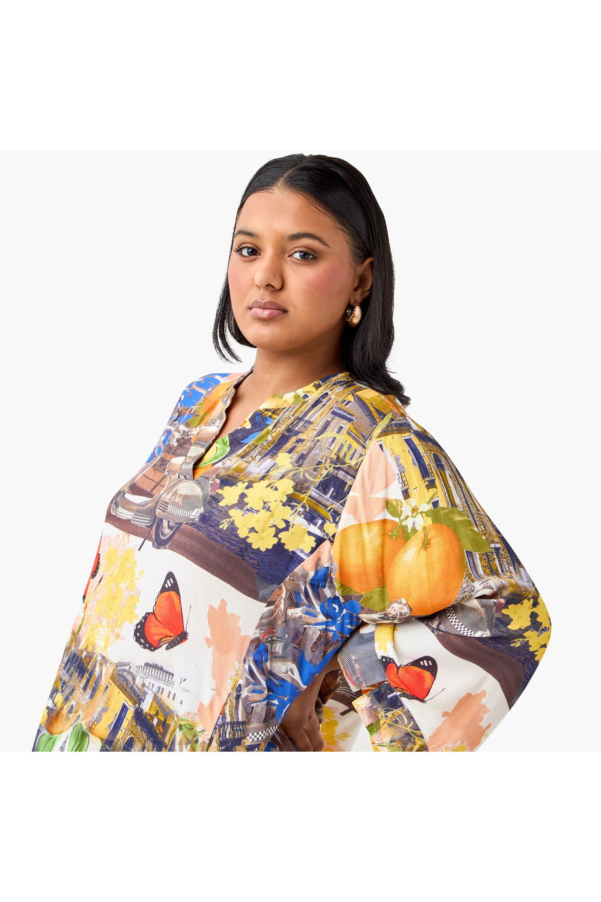 Ulla Popken-Plus Size Ulla Popken Graphic Print Top with Mandarin Neck and 3/4 Sleeves 4
