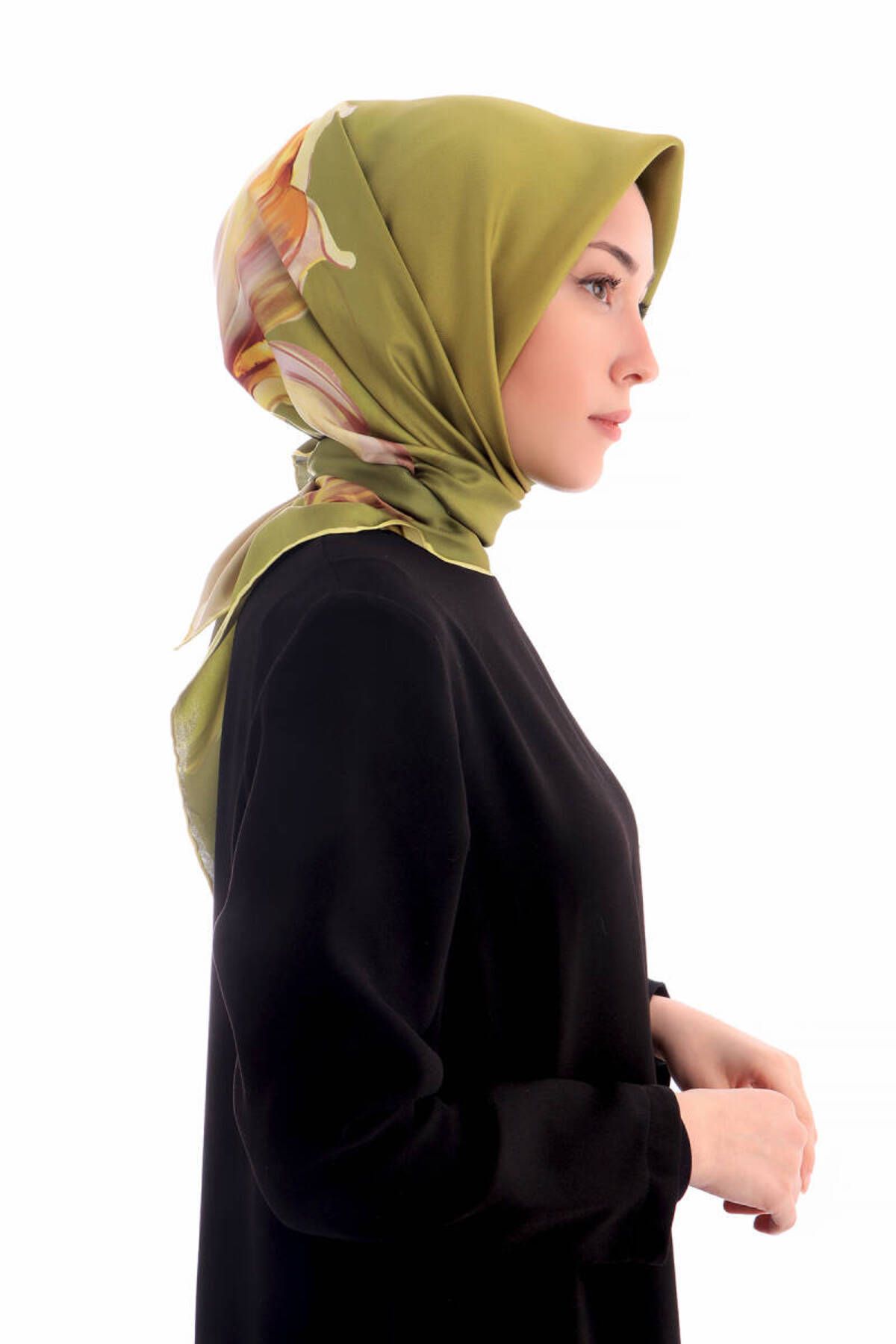 Bursa İpek-Acid Green Irises Pattern Twill Silk Scarf 2