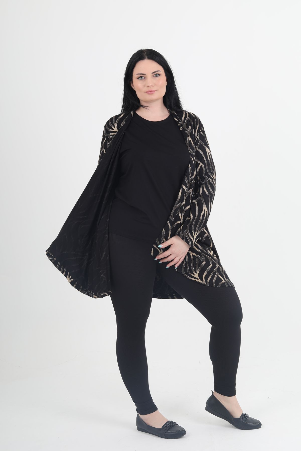 GNR-Glitter Patterned Large Size Combed Cotton Cardigan Inside and Outside Set 4