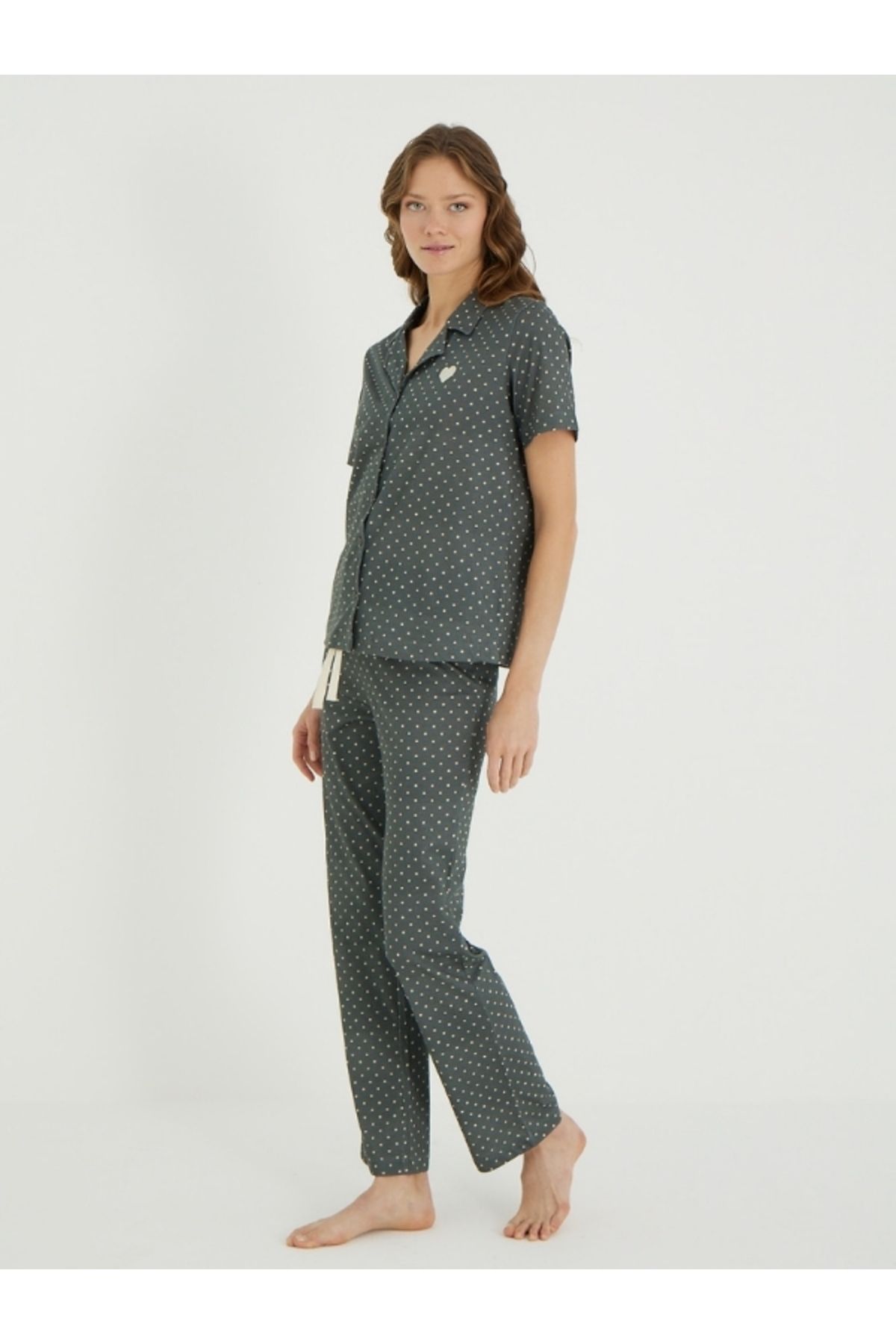 İPEKTENİM-Polka Dot Patterned Back Printed Buttoned Couple Pajama Set 2