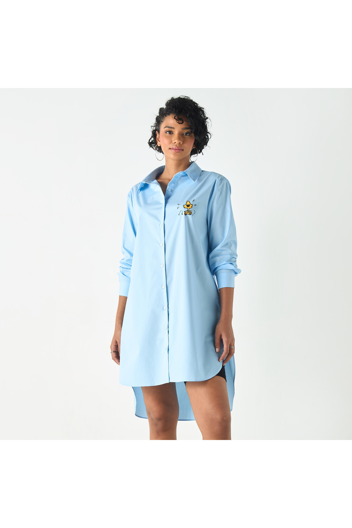 SP Characters-Snoopy Dog Print High Low Shirt Dress with Long Sleeves 1