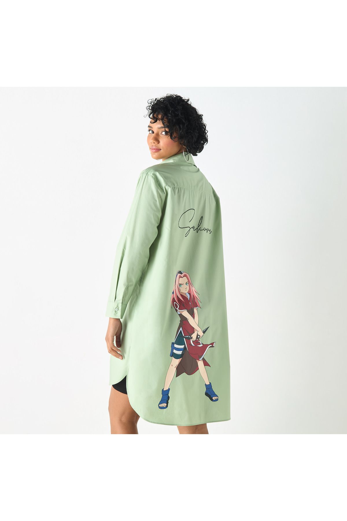SP Characters-Sakura Haruno Print High Low Shirt Dress with Long Sleeves 1