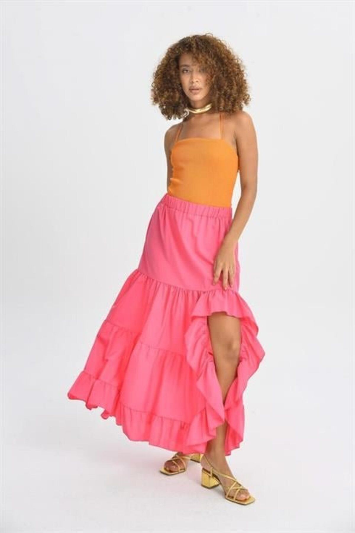 velmorafashion Audrey Fıfrlı Yırtmaç Detay Etek 4037