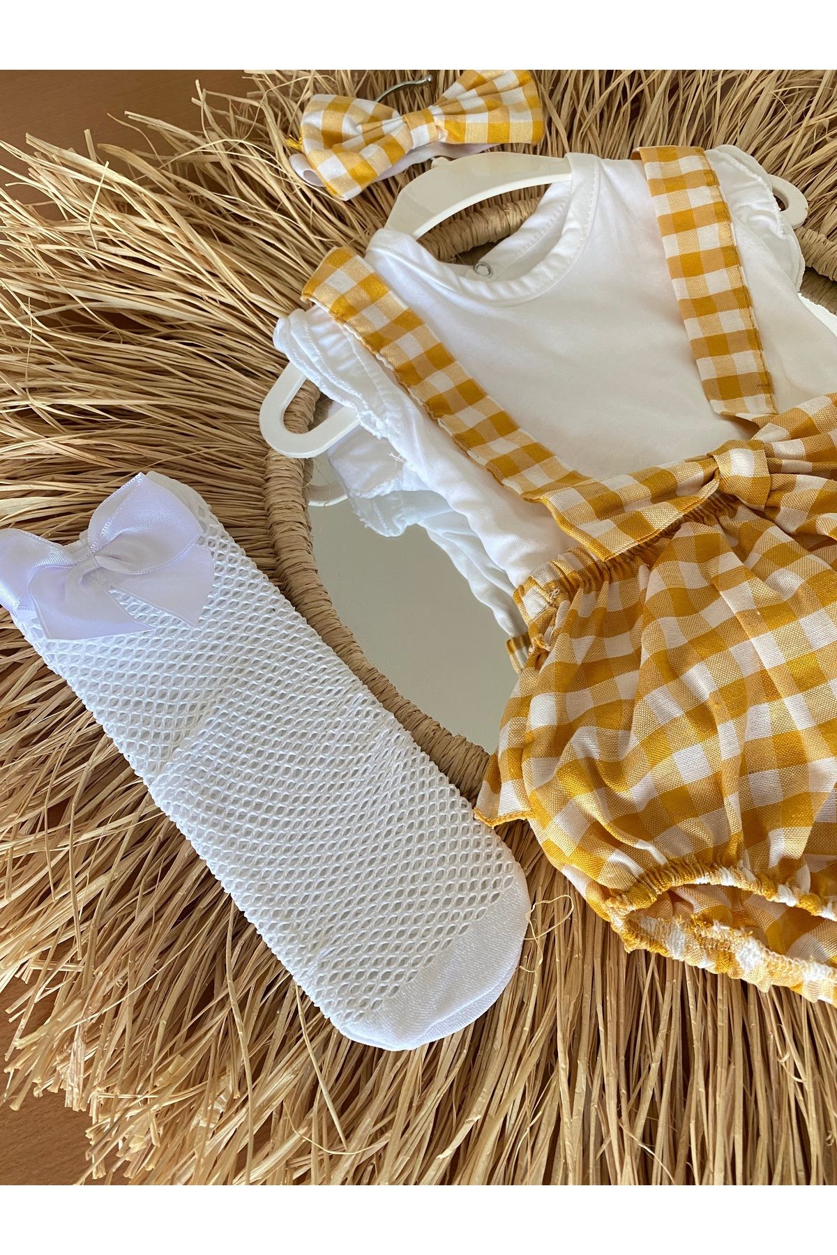 EBRU ÖZÖRGÜCÜ-Girl's Gingham Romper Blouse Bandana and Socks Set 4