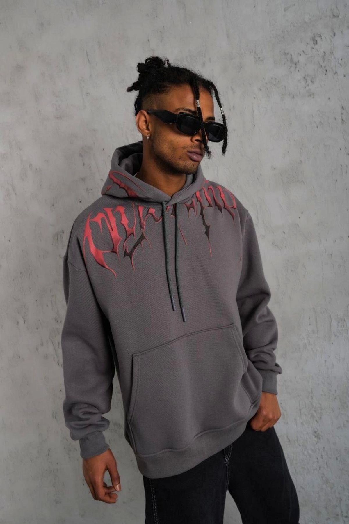 Pink Stil Erkek Ön ve Arka Baskılı Kapüşonlu 3 İplik Sweatshirt - Füme Pink Stil
