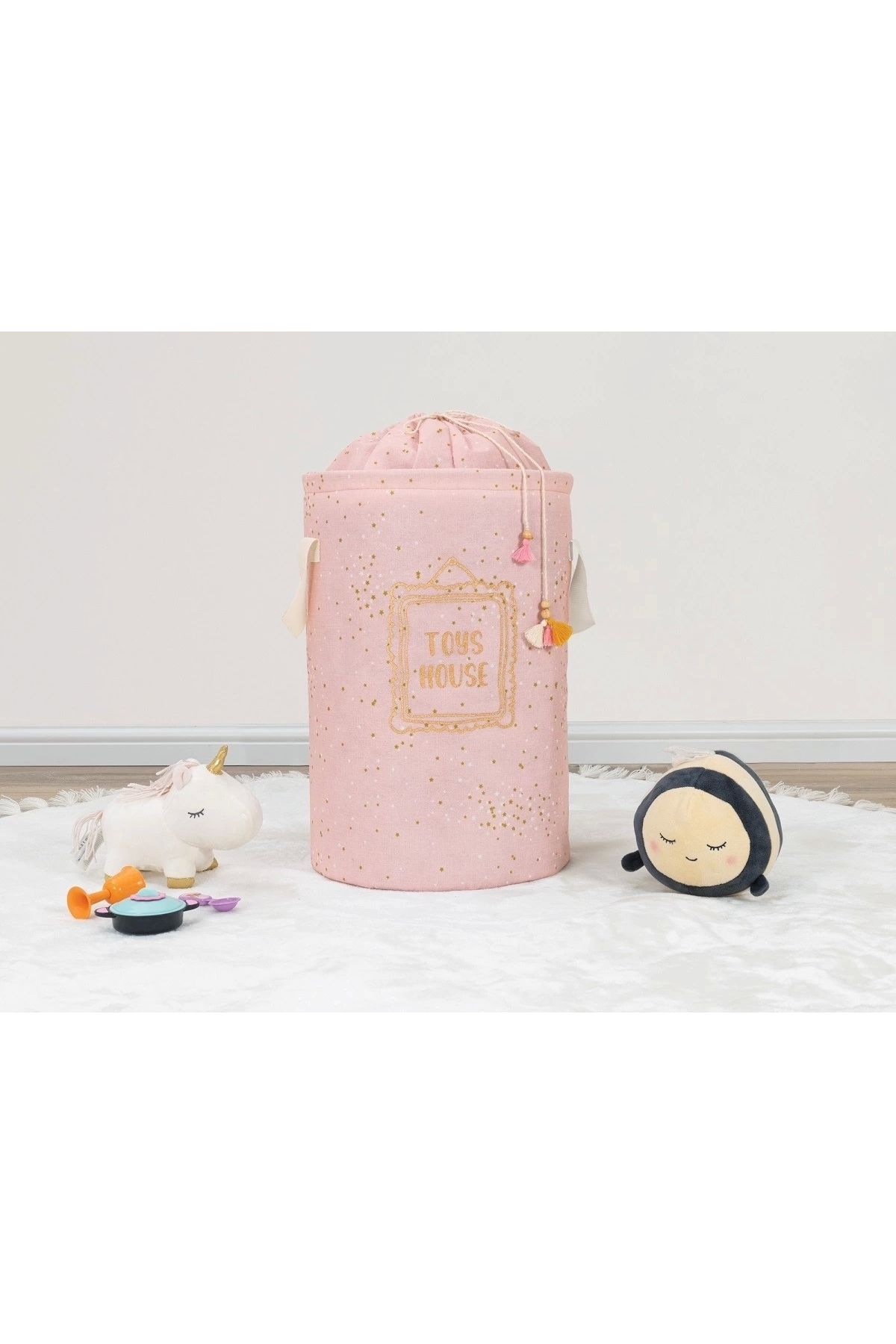 Nemere Baby Kullanımı Kolay Desenli Taşınabilir Torbalı Yuvarlak Sepet(pembe) Çamaşır Sepeti 04270