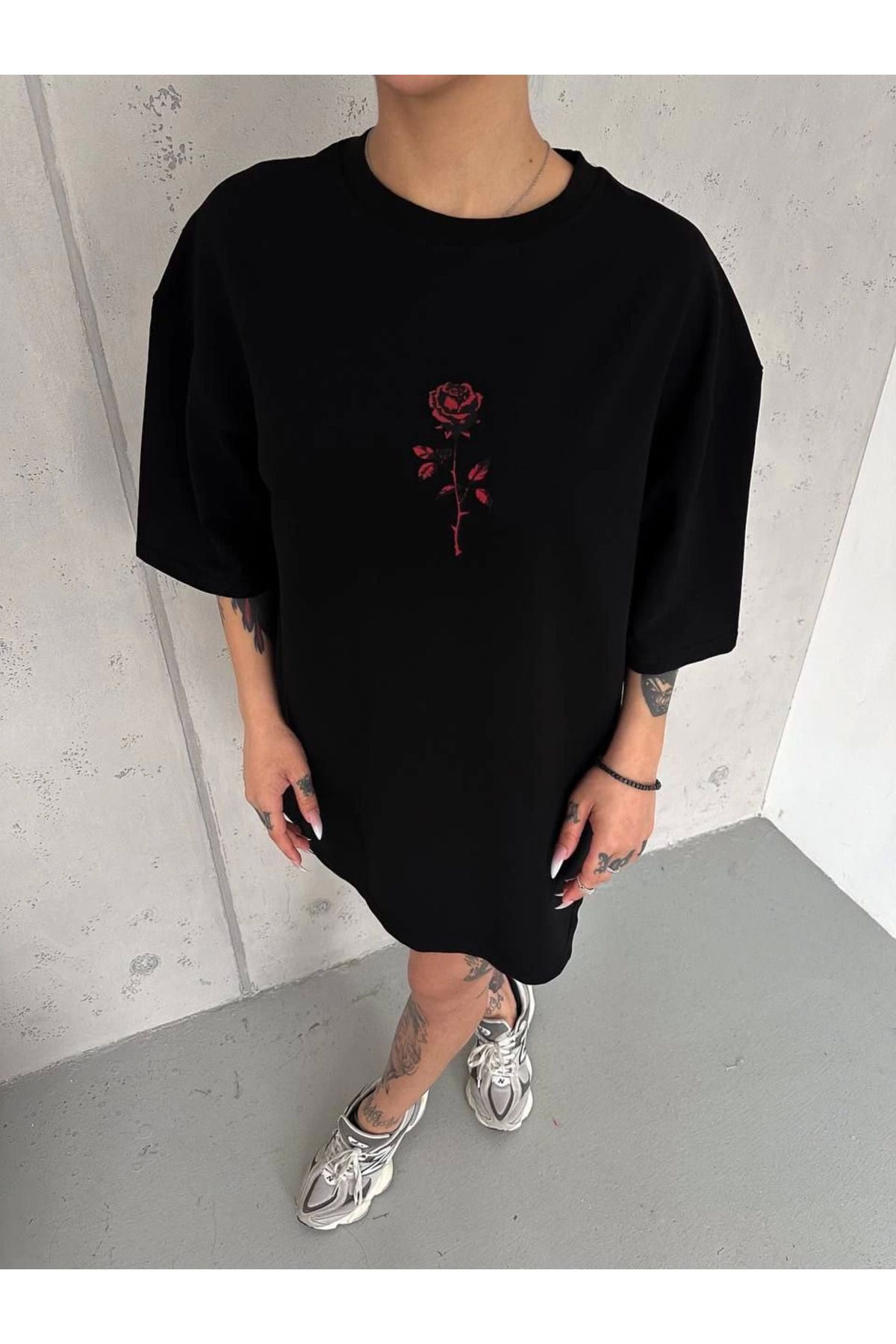 Pink Stil Unisex Bisiklet Yaka Baskılı Oversize T-Shirt - Siyah Pink Stil
