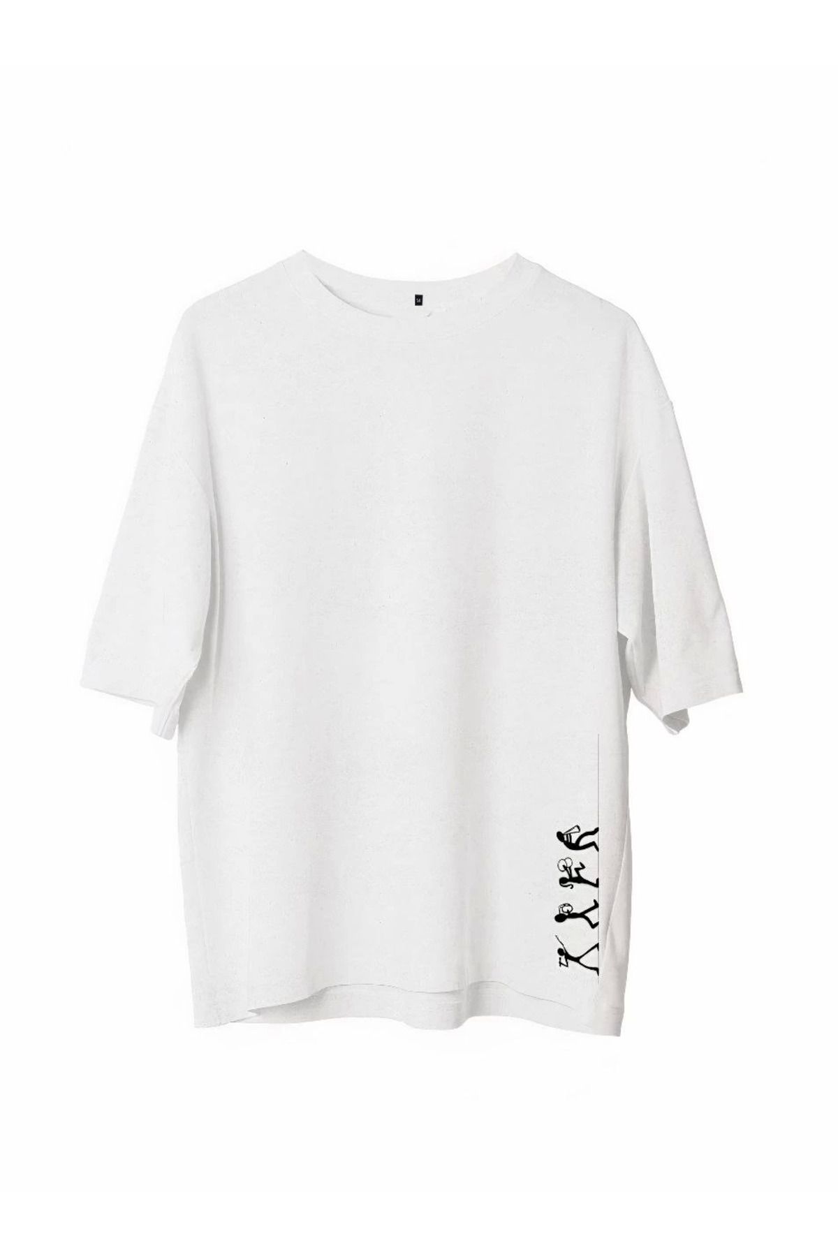 Pink Stil Unisex Bisiklet Yaka Baskılı Oversize T-Shirt - Beyaz Pink Stil