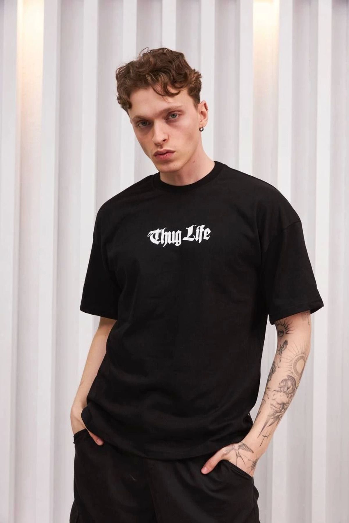 Pink Stil Unisex Bisiklet Yaka Baskılı Oversize T-Shirt - Siyah Pink Stil