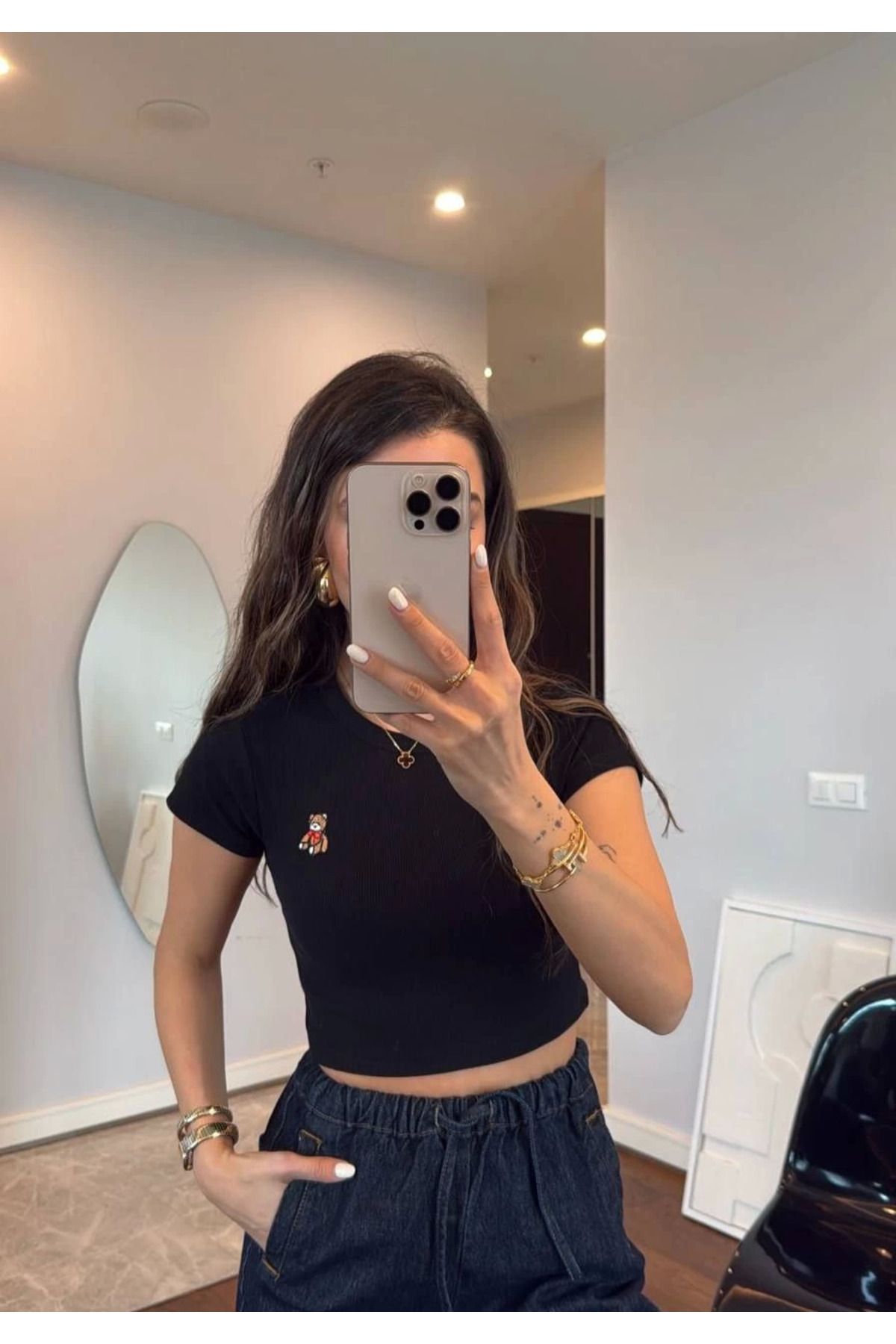 Pink Stil Bisiklet Yaka Kısa Kollu Nakışlı Crop - Siyah