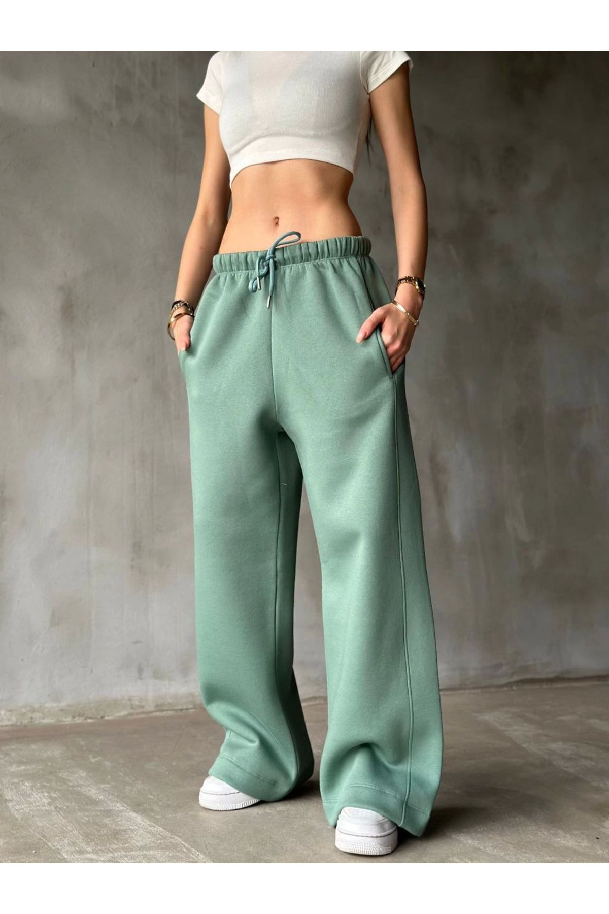 Pink Stil Palazzo Bol Paça Eşofman Pantolon - Yeşil