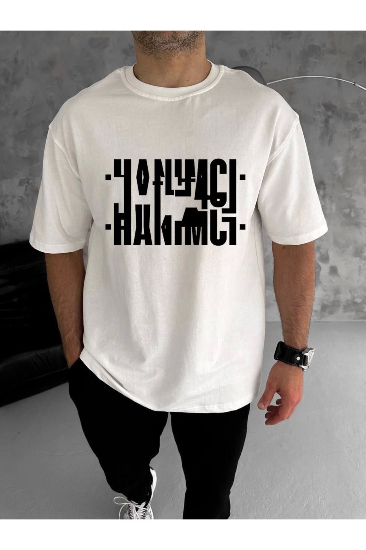 Pink Stil Unisex Bisiklet Yaka Katlanan Baskılı T-Shirt - Beyaz Pink Stil