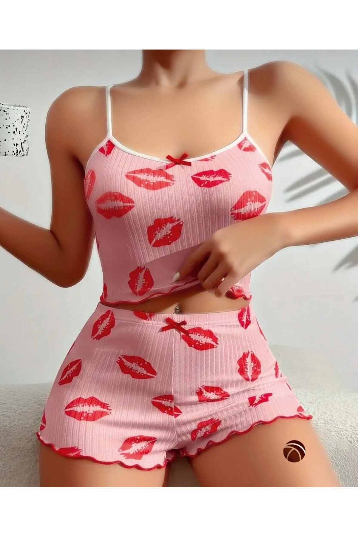 İntive Lingerie Set De Pantaloni Scurți Bustieră Cu Bretele Subțiri Din Bumbac 100% Cu Model Lily Pink Black Pink Kiss Femeie - L/XL