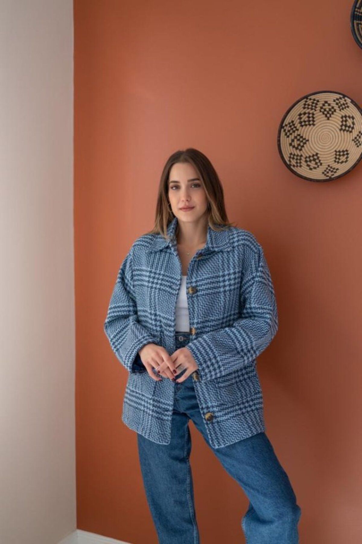 fh fashionhere İndigo Düğmeli Ekoseli Kaban