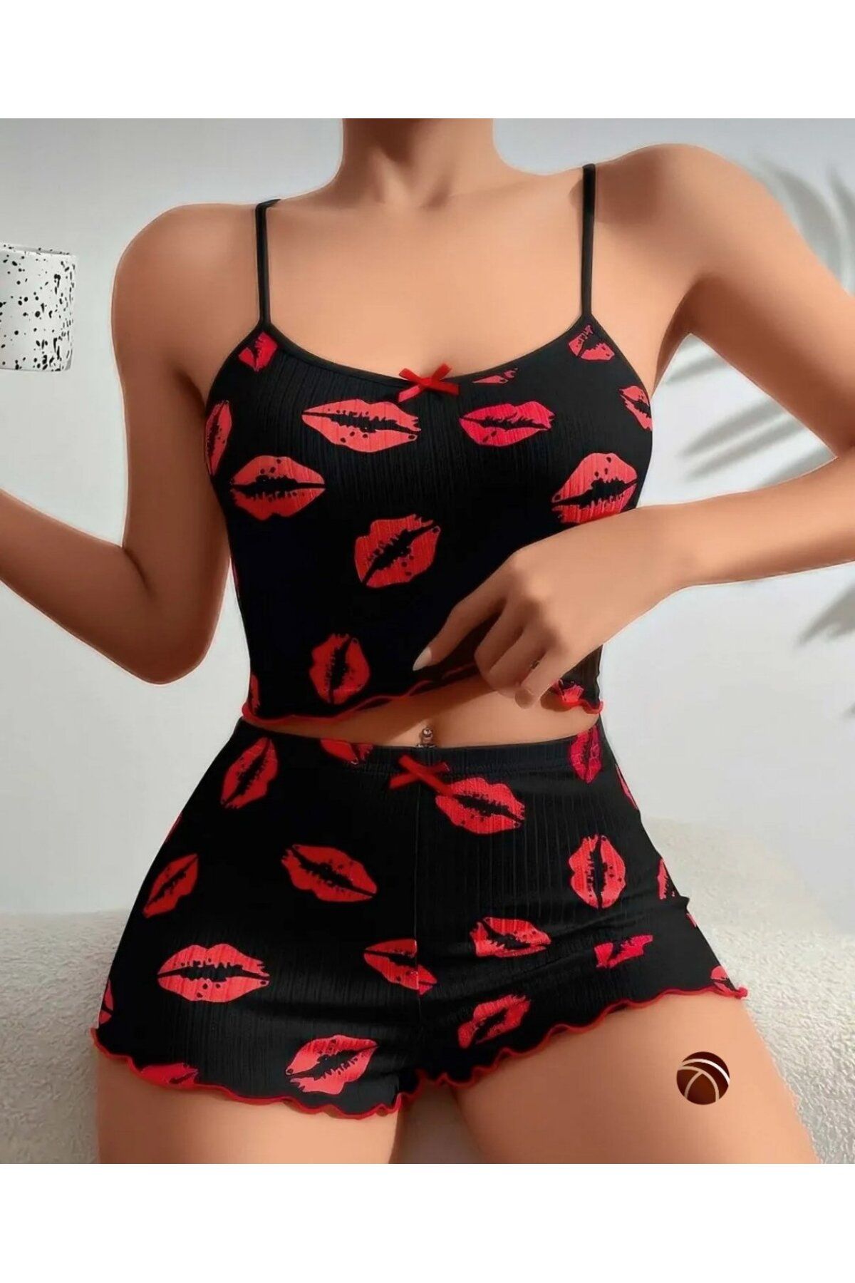 İntive Lingerie Set De Pantaloni Scurți Bustieră Cu Bretele Subțiri Din Bumbac 100% Cu Model Lily Pink Black Pink Kiss Femeie - L/XL