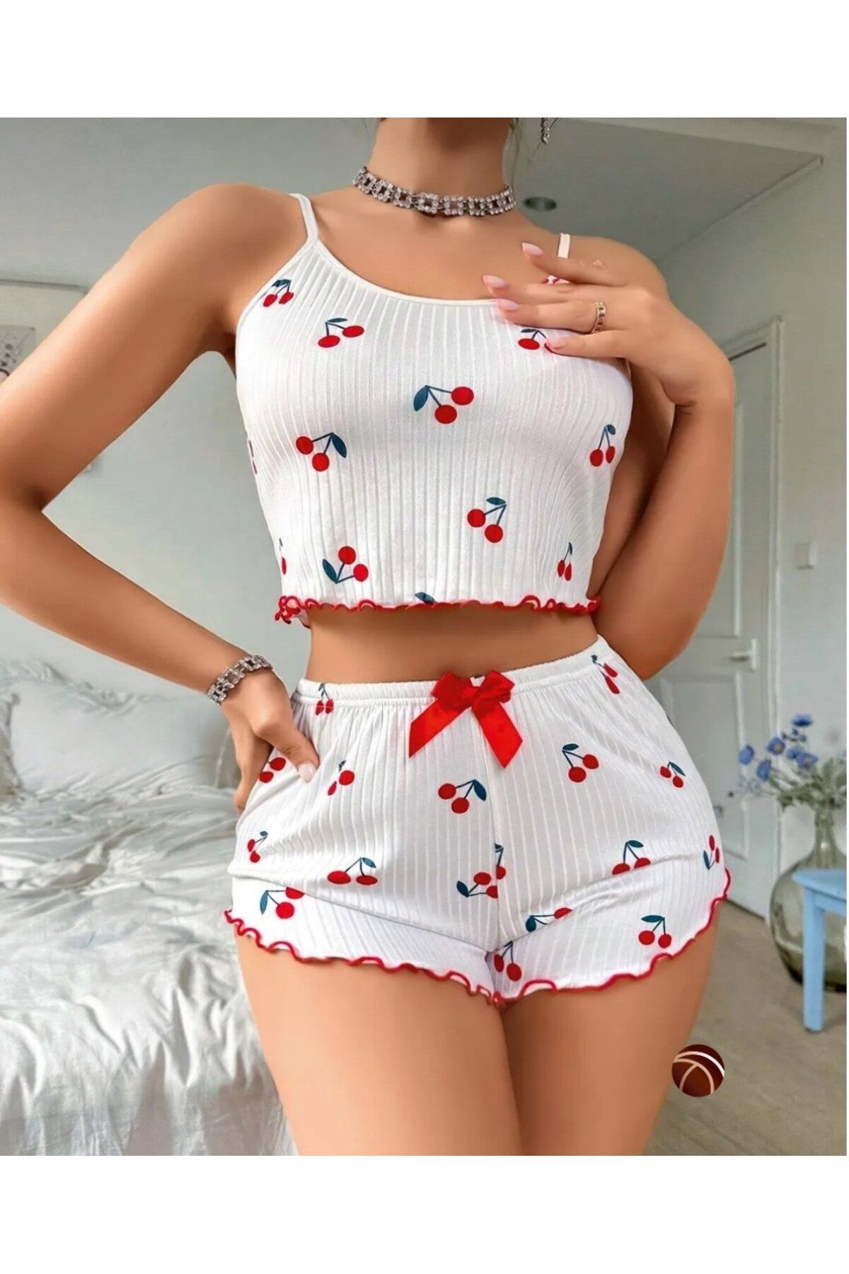İntive Lingerie Set Pantaloni Scurți Bustieră Cu Bretele Subțiri Din Bumbac 100% Cu Model De Cireșe Lily White Femeie - S/M