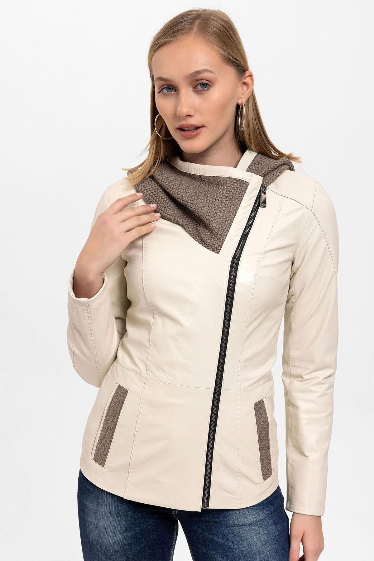 Deriderim  Bej Antonia Triko Kapüşonlu Kadın Hakiki Deri Mont - Görsel 4