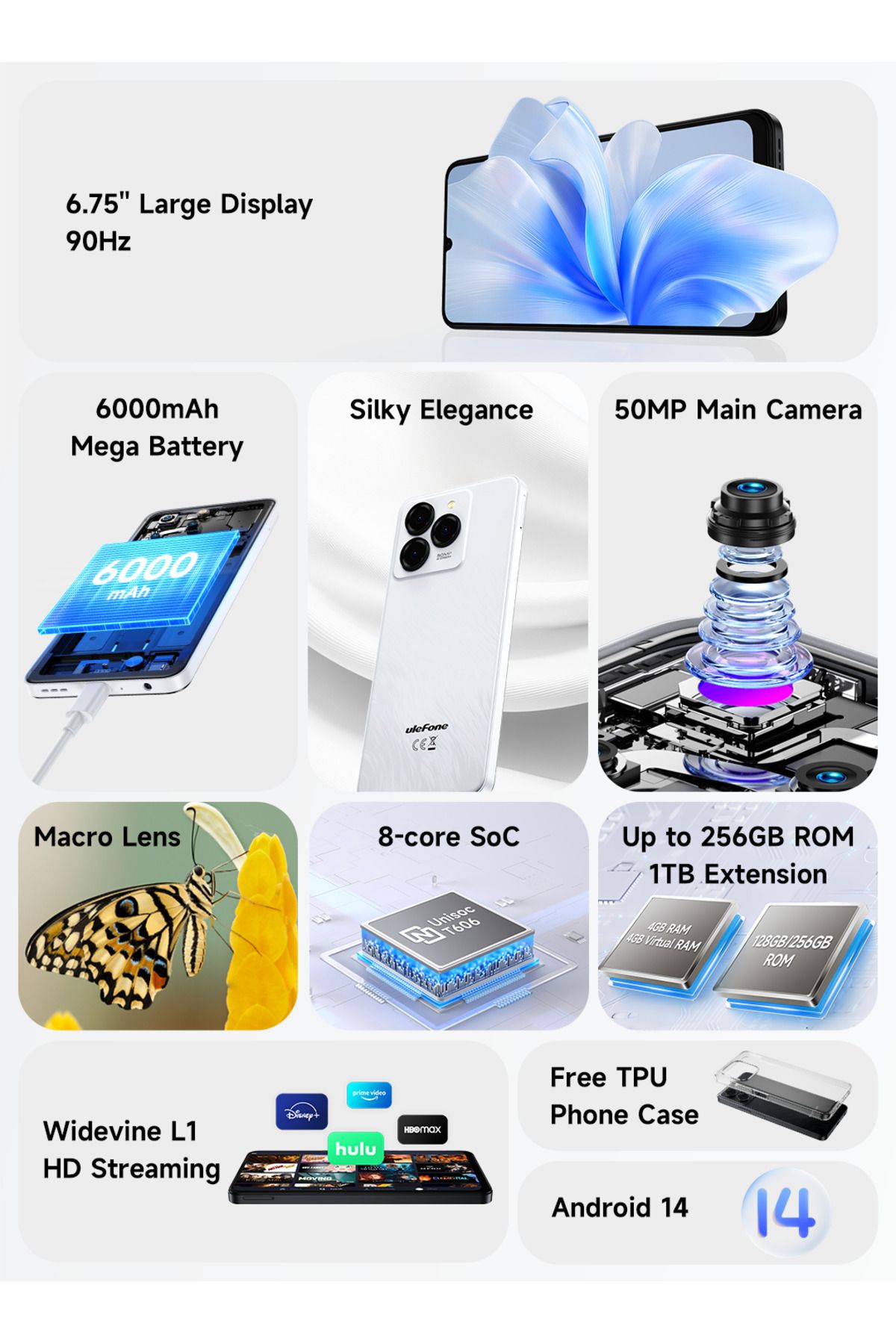 ULEFONE-نوت 20 برو، ذاكرة وصول عشوائي (RAM) سعة 4 جيجابايت، وذاكرة داخلية سعة 128/256 جيجابايت | بطارية 6000 مللي أمبير/ساعة | شاشة عالية الدقة مقاس 6.75 بوصة | نظام أندرويد 14 6
