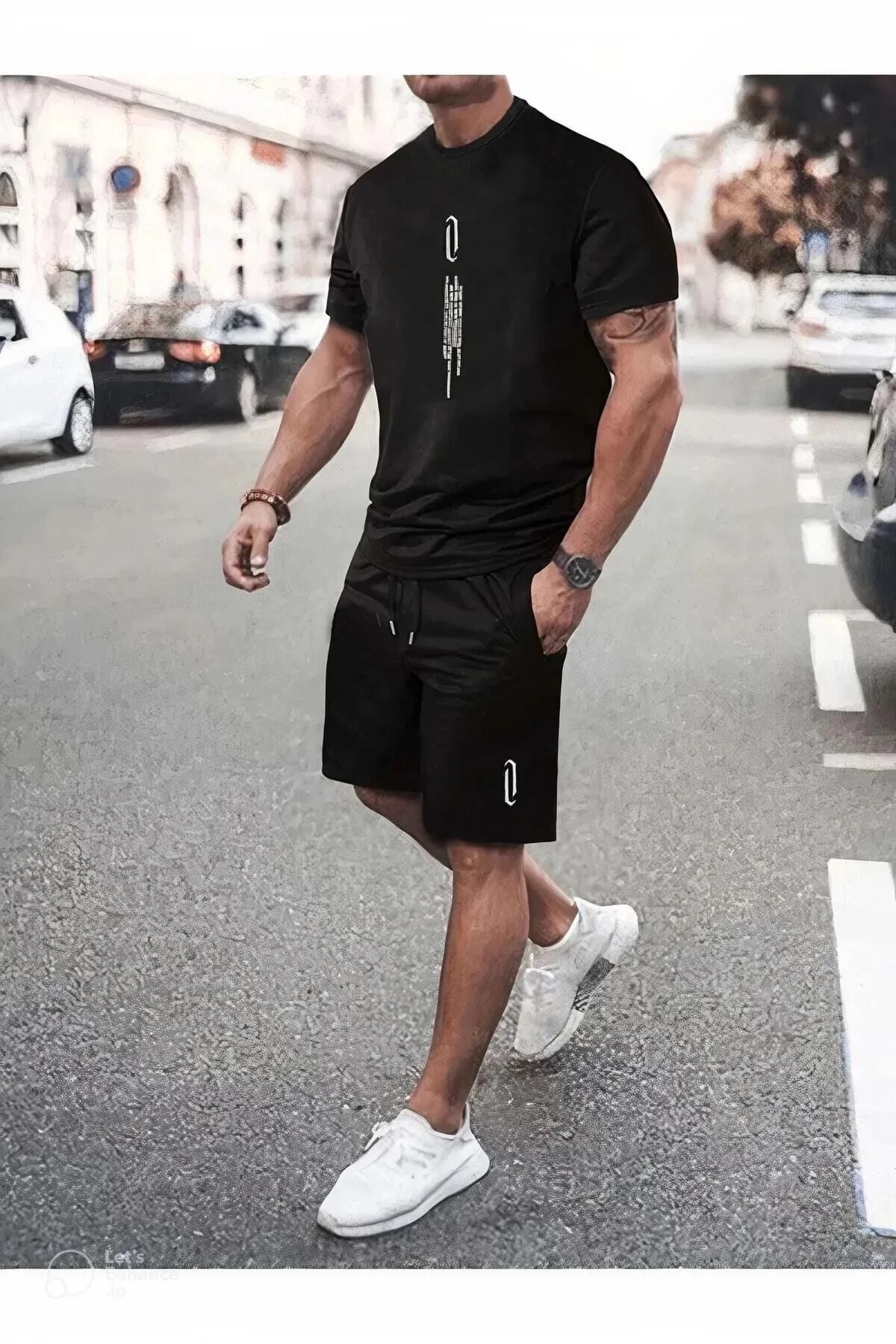 Trendglow Siyah Şortlu Alt Üst Takım Baskılı Oversize Bisiklet Yaka