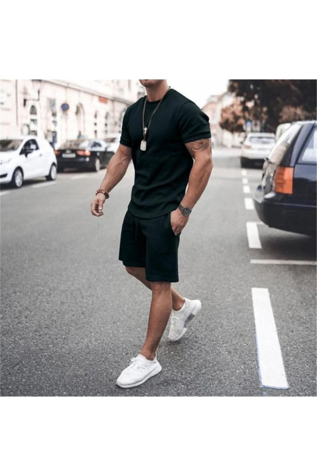 Mythologie Basic Düz T-shirt Şort -siyah Şortlu Tişört Alt Üst Takım Oversize Bisiklet Yaka