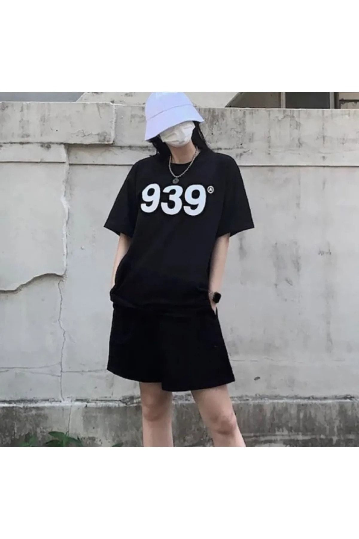 Mythologie 939 T-shirt Penye Şort - Siyah Alt Üst Takım Baskılı Oversize Bisiklet Yaka