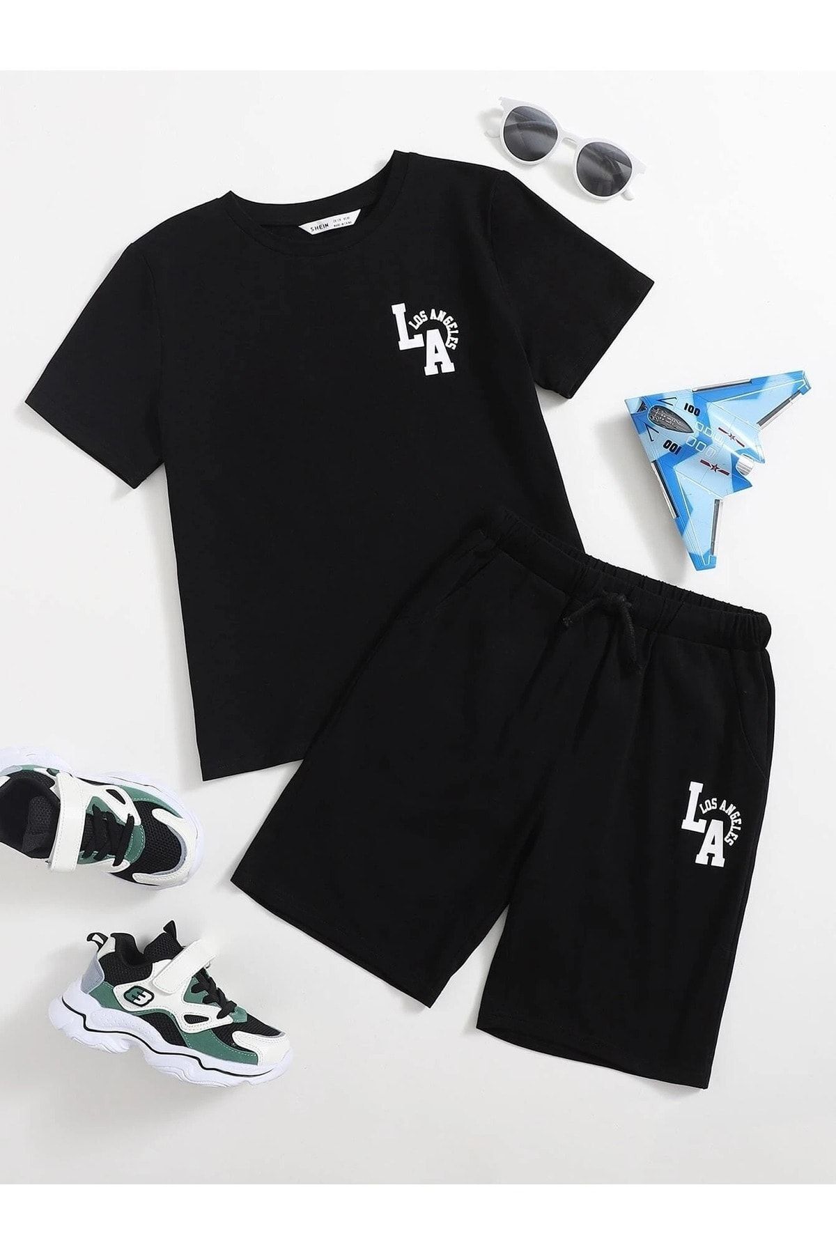 Trendglow La Los Angeles T-shirt Şort - Siyah Şortlu Tişört Alt Üst Takım Baskılı Oversize Bisiklet Yaka