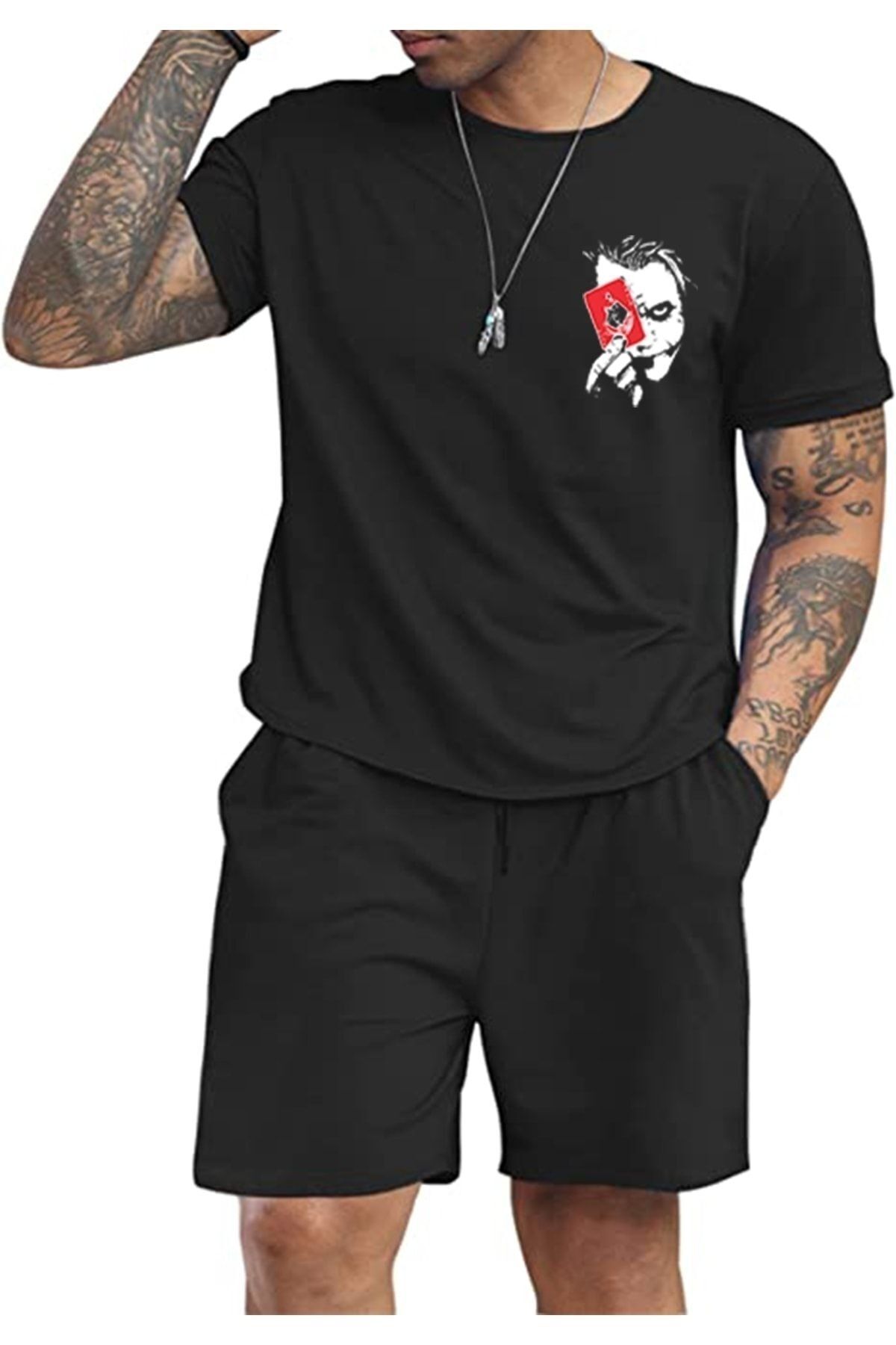 Mythologie Joker T-Shirt Şort - Siyah Şortlu Tişört Alt Üst Takım Baskılı Oversize Bisiklet Yaka