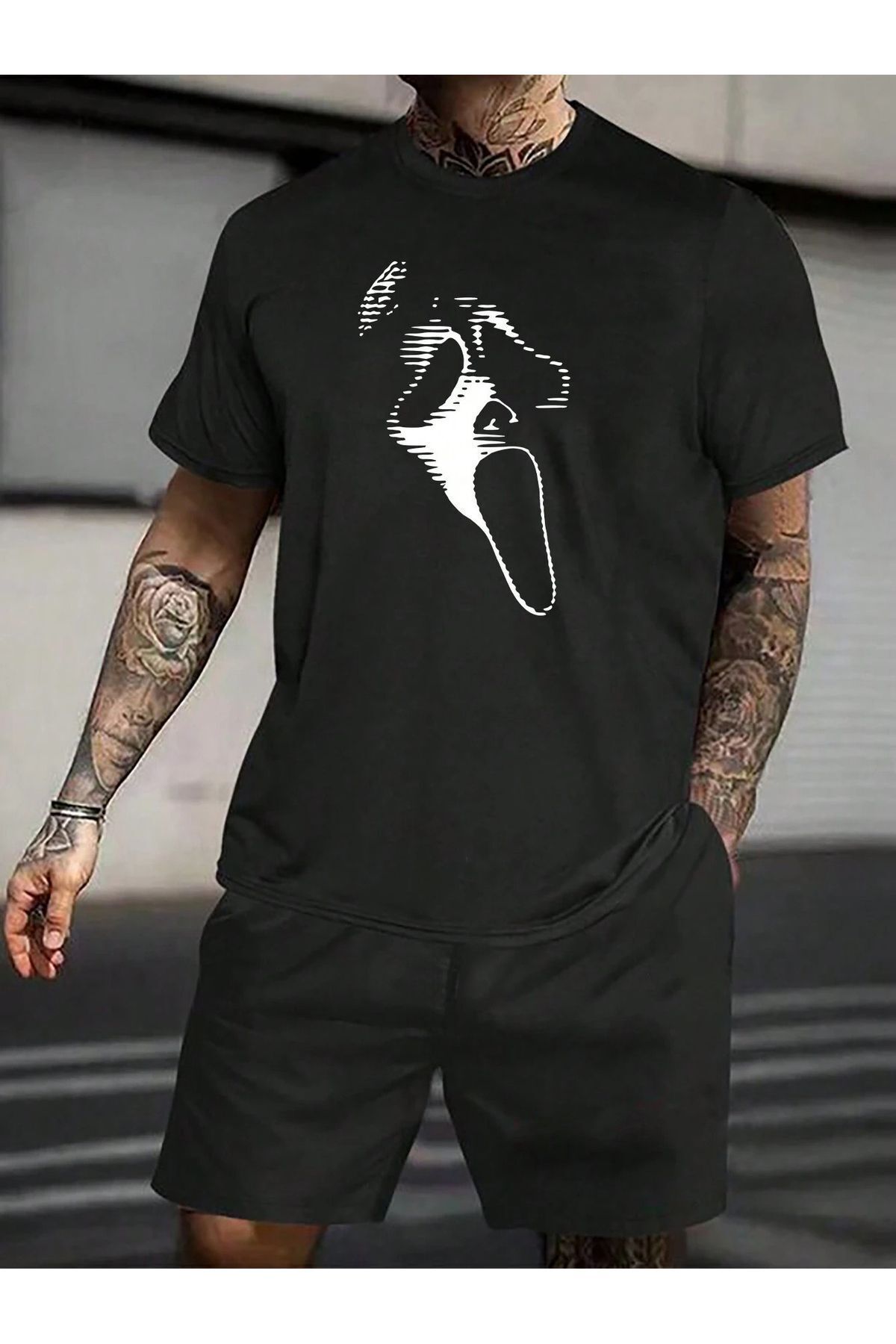 Trendglow Scream Mask T-Shirt Şort - Siyah Şortlu Tişört Alt Üst Takım Baskılı Bisiklet Yaka