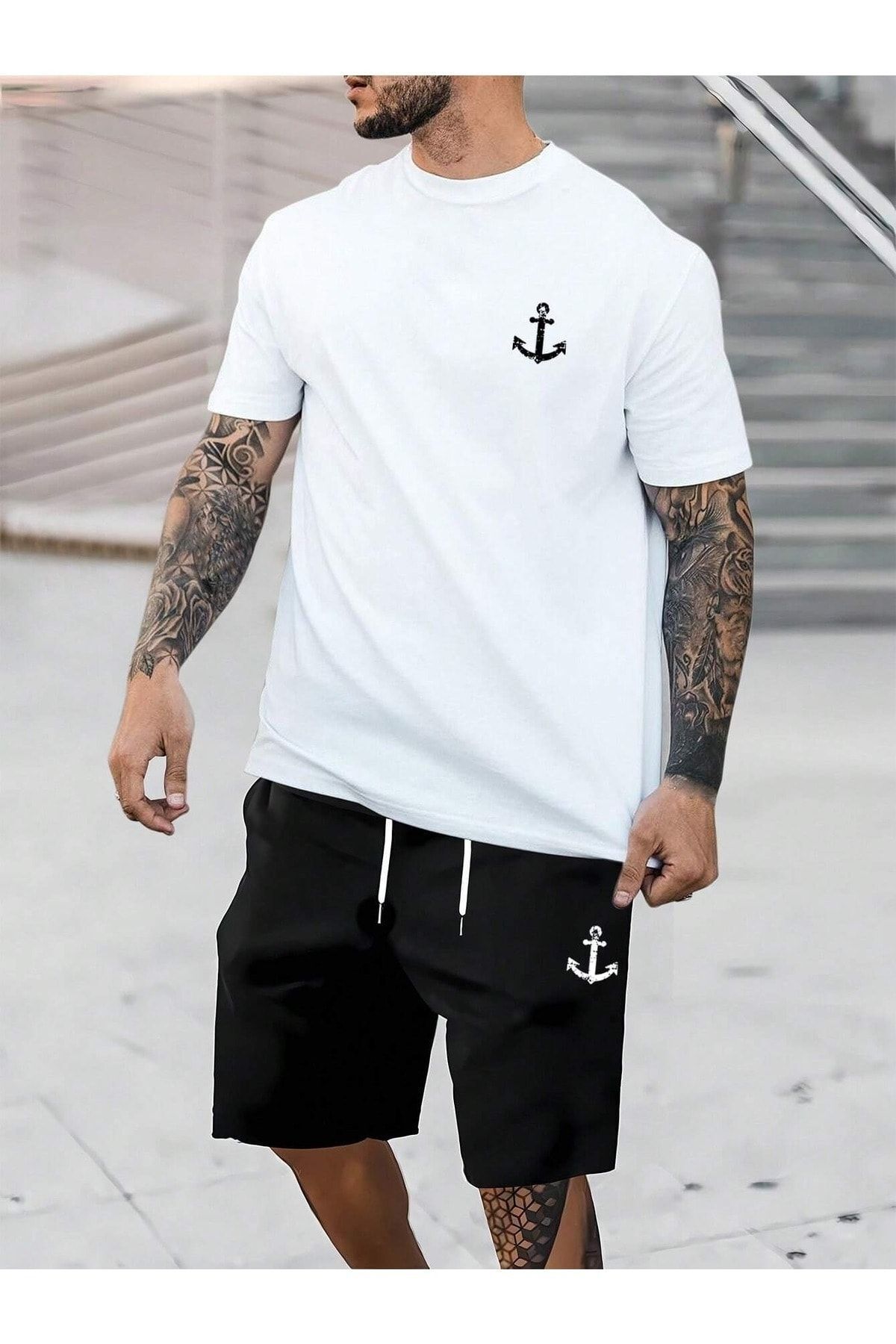 Trendglow Çapa Desen T-shirt Şort -Beyaz Siyah Şortlu Tişört Alt Üst Takım Baskılı Oversize Bisiklet Yaka