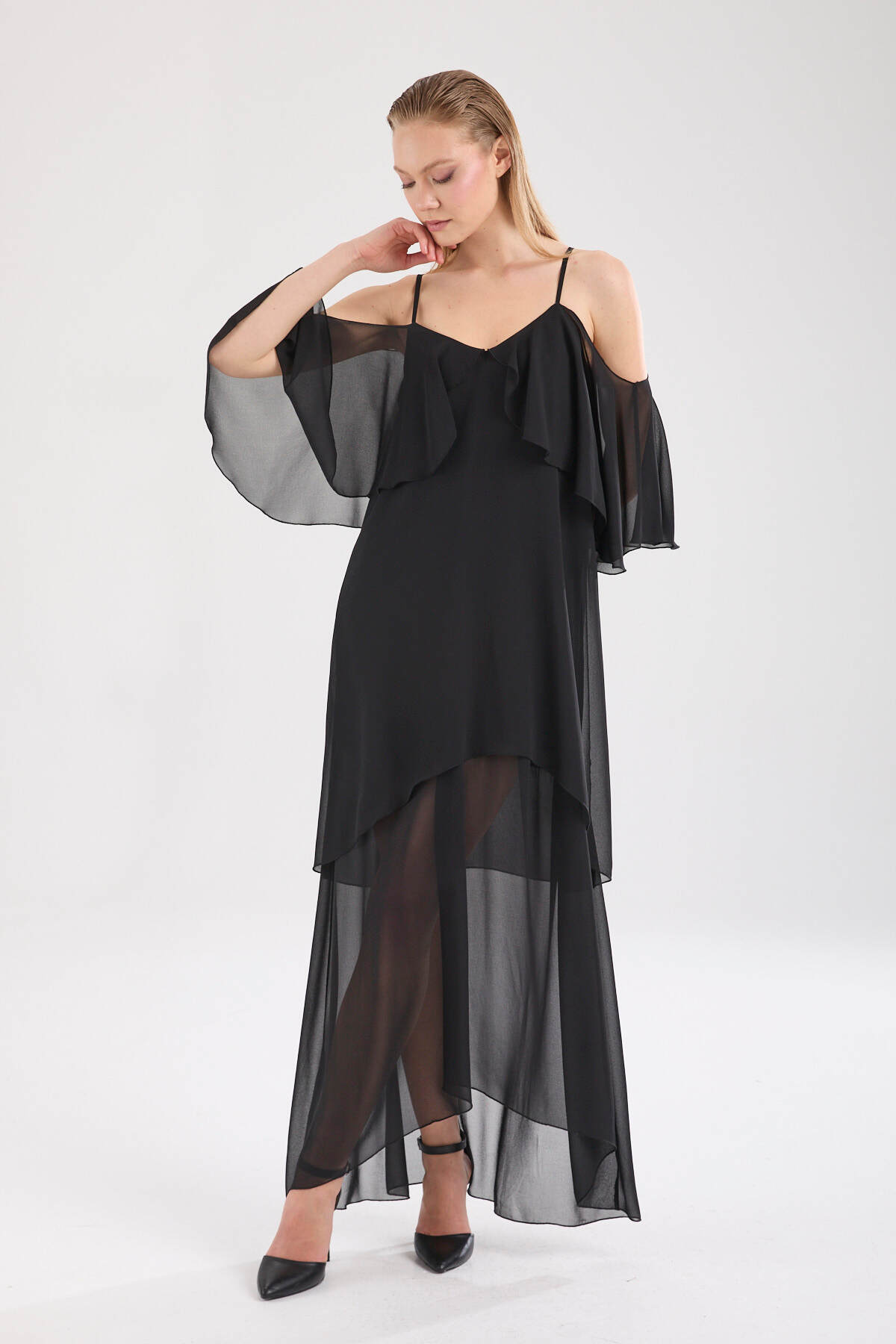 Black Asymmetric Flywheel Detailed Wedding Exterior Shooting Evening Dress Daily Use Custom Design Chiffon Dress