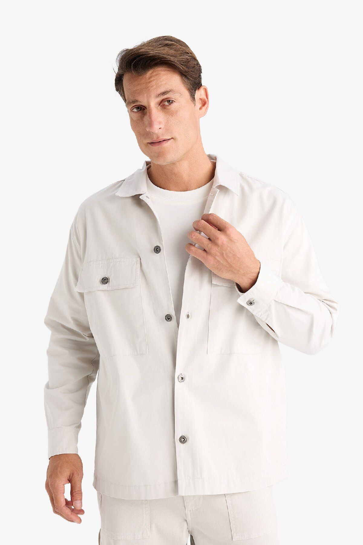 DeFacto-Übergroßer, weit geschnittener Polokragen-Twill-Langarmshirt-Mantel C2896ax24sp 7