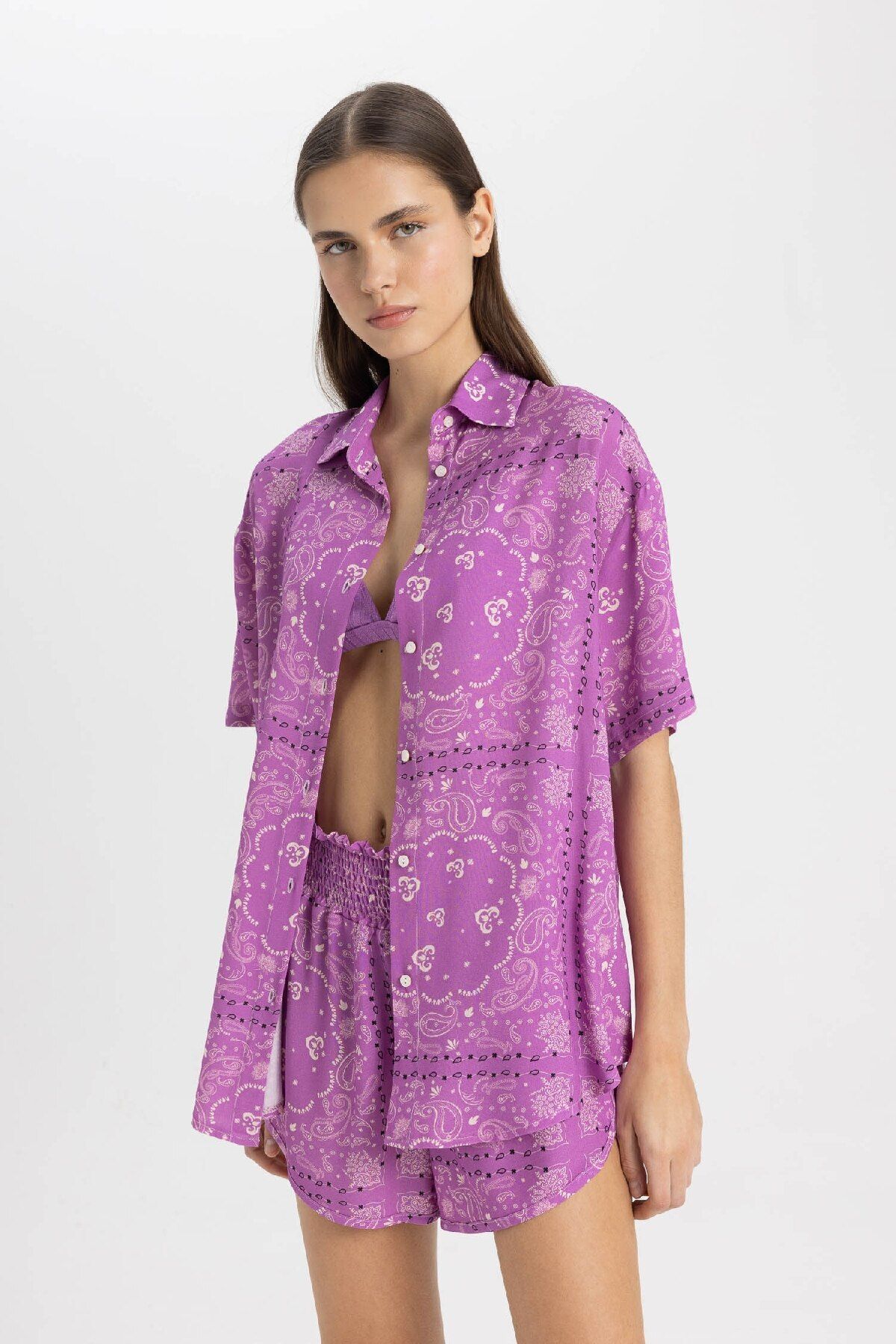 DeFacto-Regular Fit Patterned Viscose Beach Shirt-Fall in Love C3157Ax24Sm 3