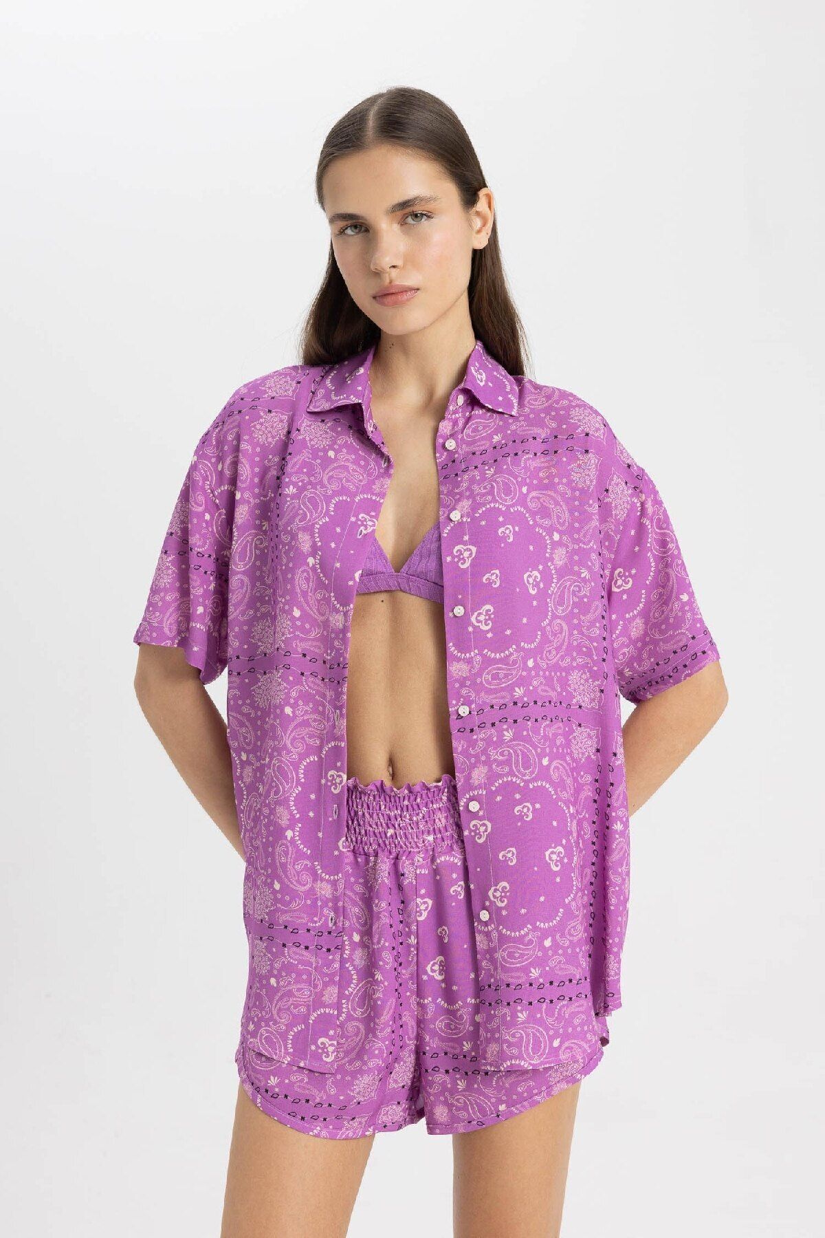 DeFacto-Regular Fit Patterned Viscose Beach Shirt-Fall in Love C3157Ax24Sm 4