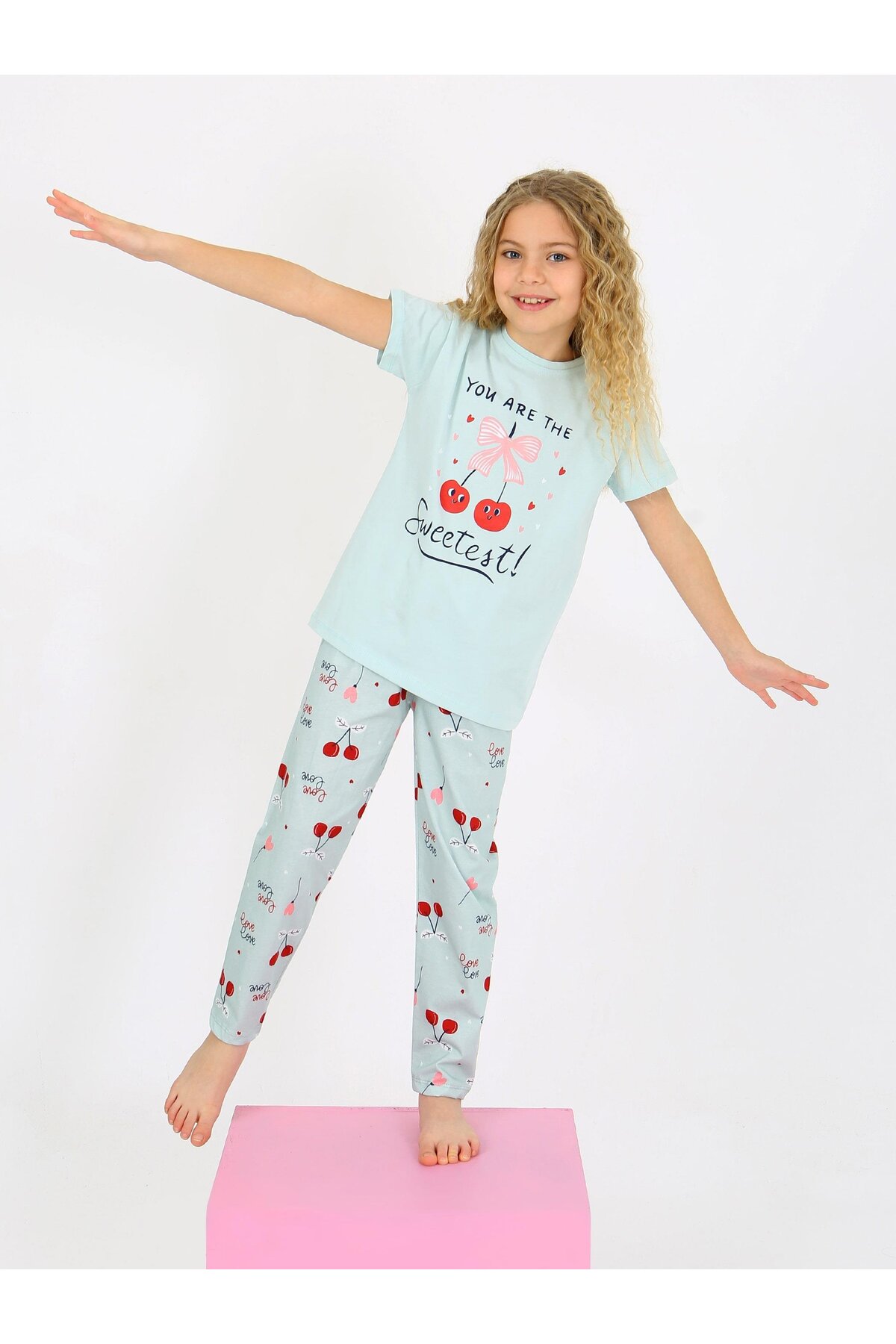 vitmo Kız Çocuk Kısa Kollu %100 Pamuklu Pijama Takımı Cherry fotoğrafı 4 (önizleme)
