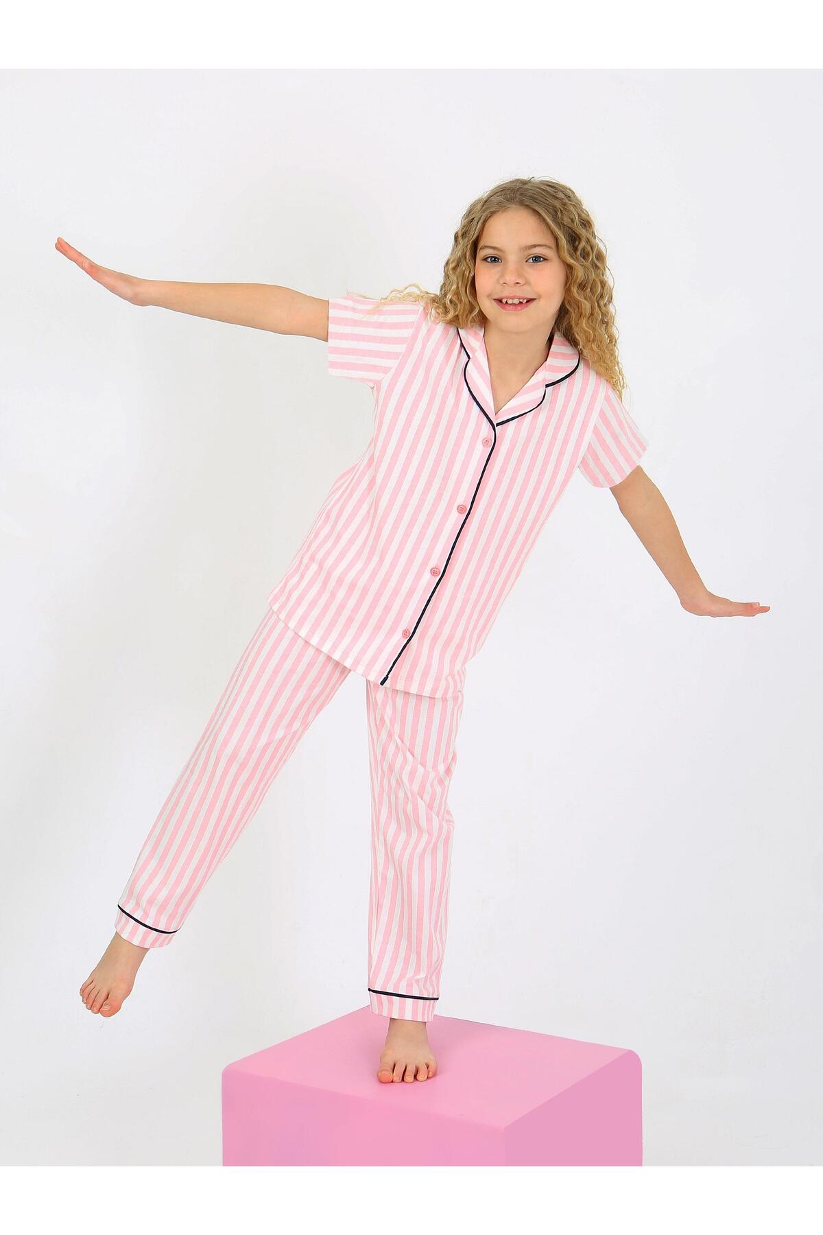 vitmo Kız Çocuk Kısa Kollu Düğmeli %100 Pamuklu Pijama Takımı Pinky fotoğrafı 3 (önizleme)