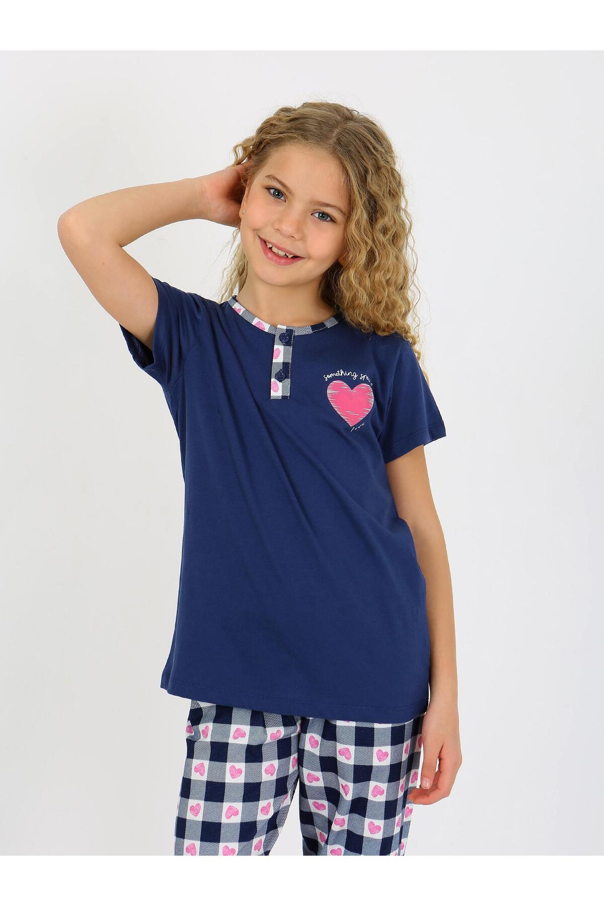 vitmo Kız Çocuk Kısa Kollu Düğme Detaylı %100 Pamuklu Pijama Takımı Special Love fotoğrafı 4 (önizleme)