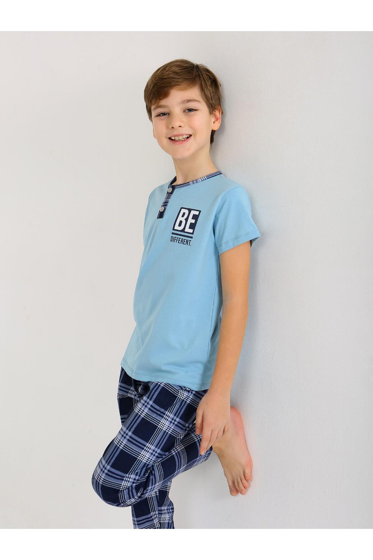 vitmo Erkek Çocuk Kısa Kollu Düğme Detaylı %100 Pamuklu Pijama Takımı Be fotoğrafı 5 (önizleme)