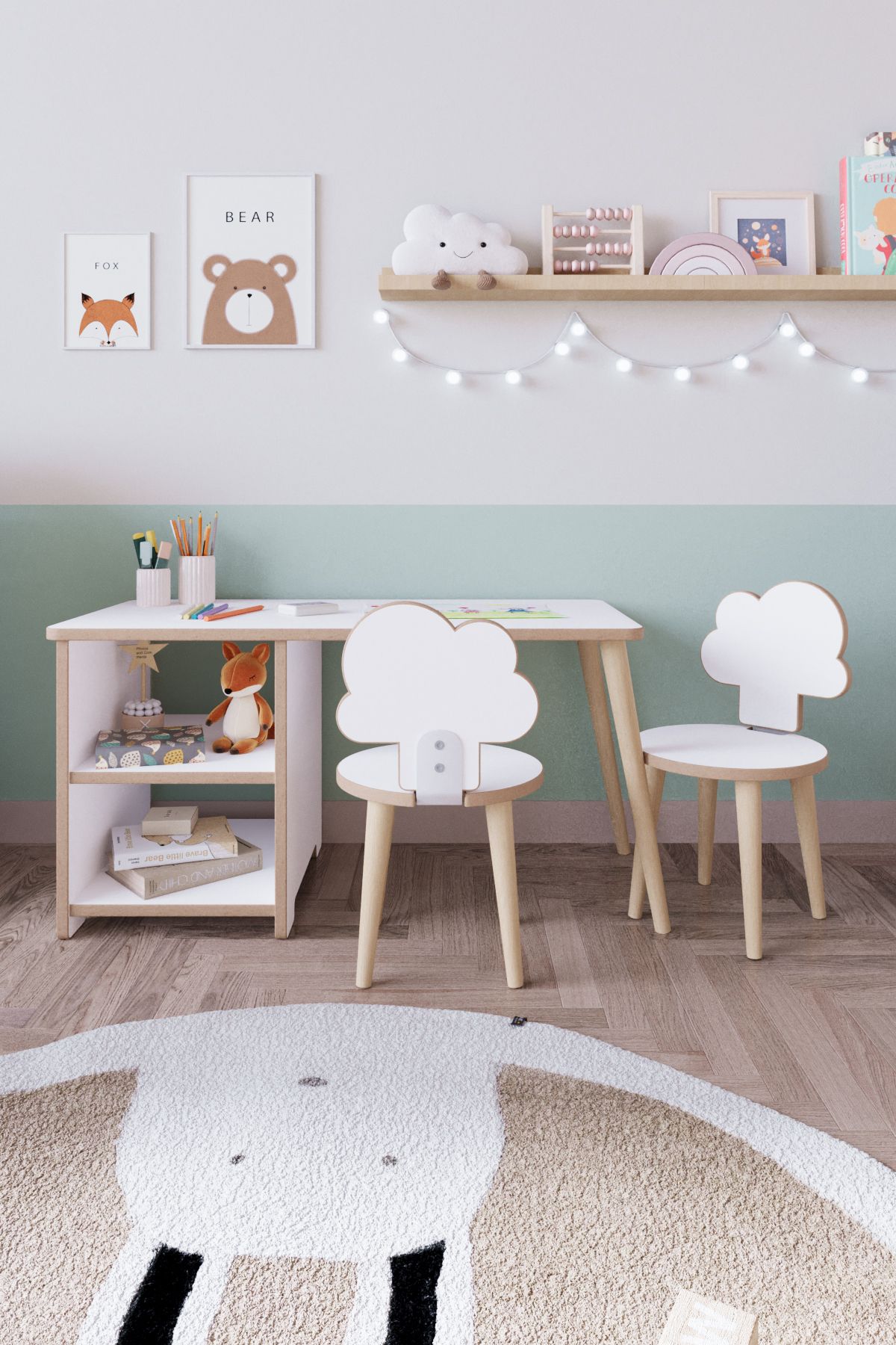 OBİ Atölye 2 Raflı Çocuk Aktivite Masası Montessori Masa Sandalye Seti - İki Sandalyeli