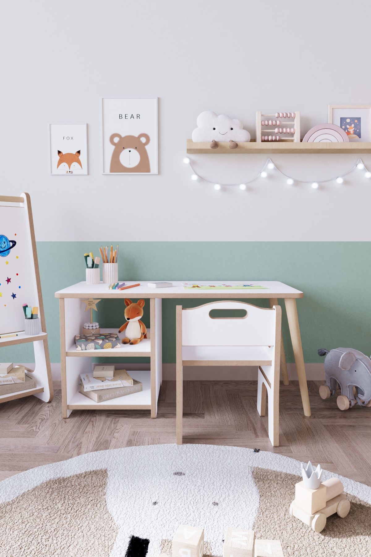 OBİ Atölye 2 Raflı Çocuk Aktivite Masası Montessori Masa Sandalye Seti - Tek Sandalyeli