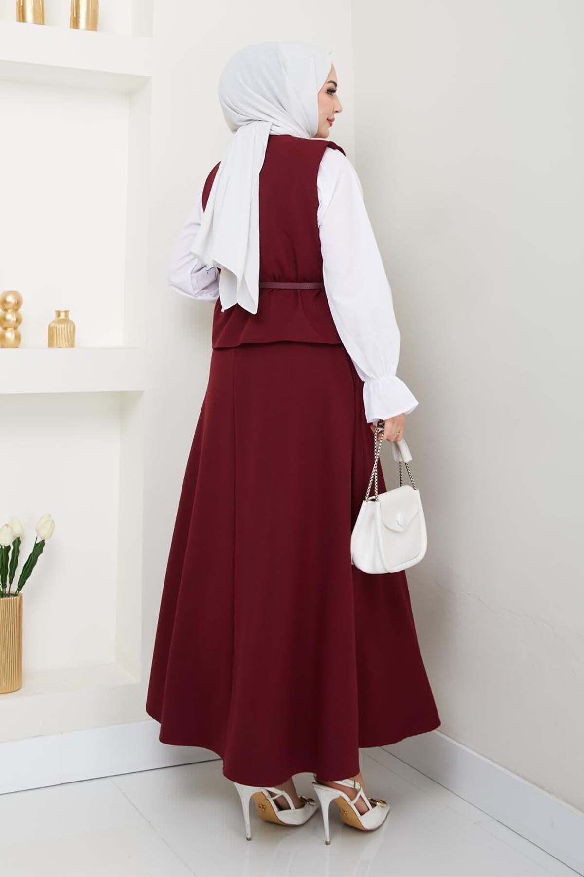 benguen-Vest Skirt Suit Claret Red 5704 5