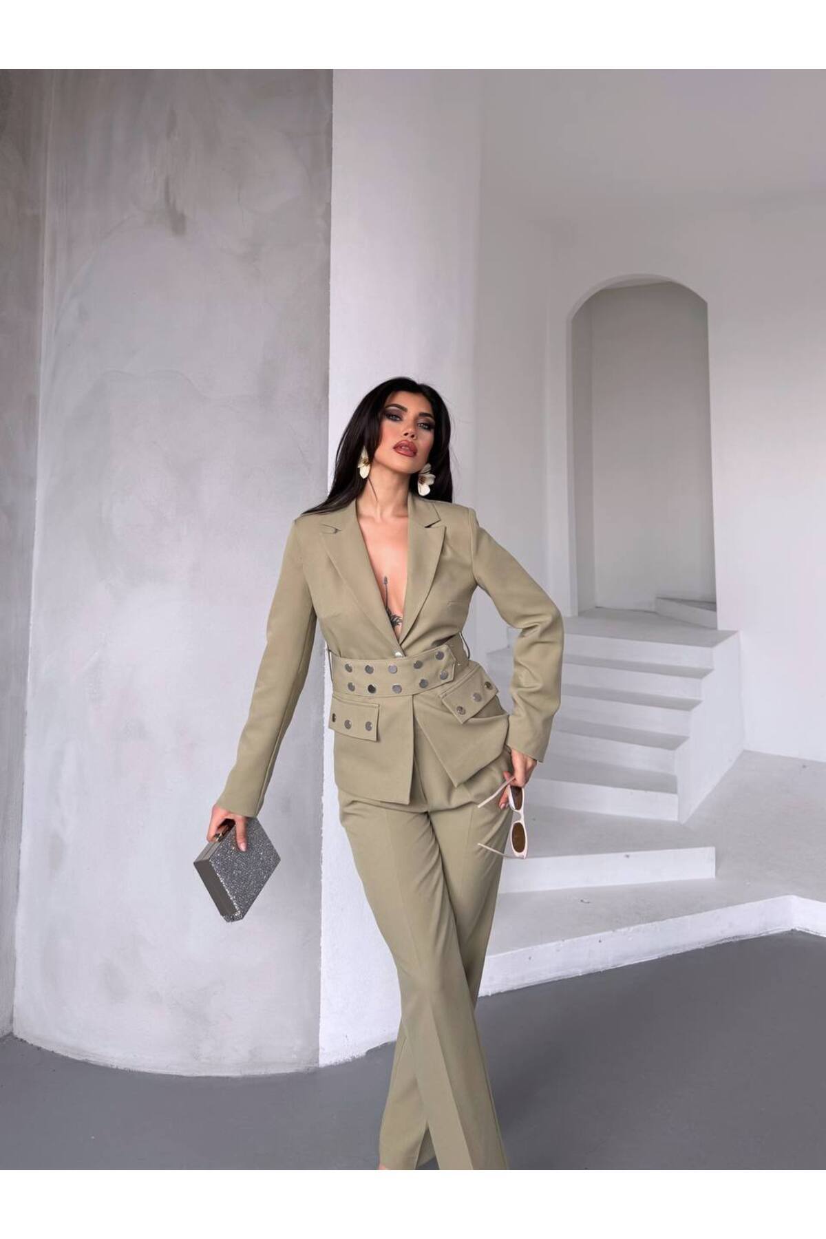 Costume femme veste pantalon kaki taille ajustable double poche - Görsel 3