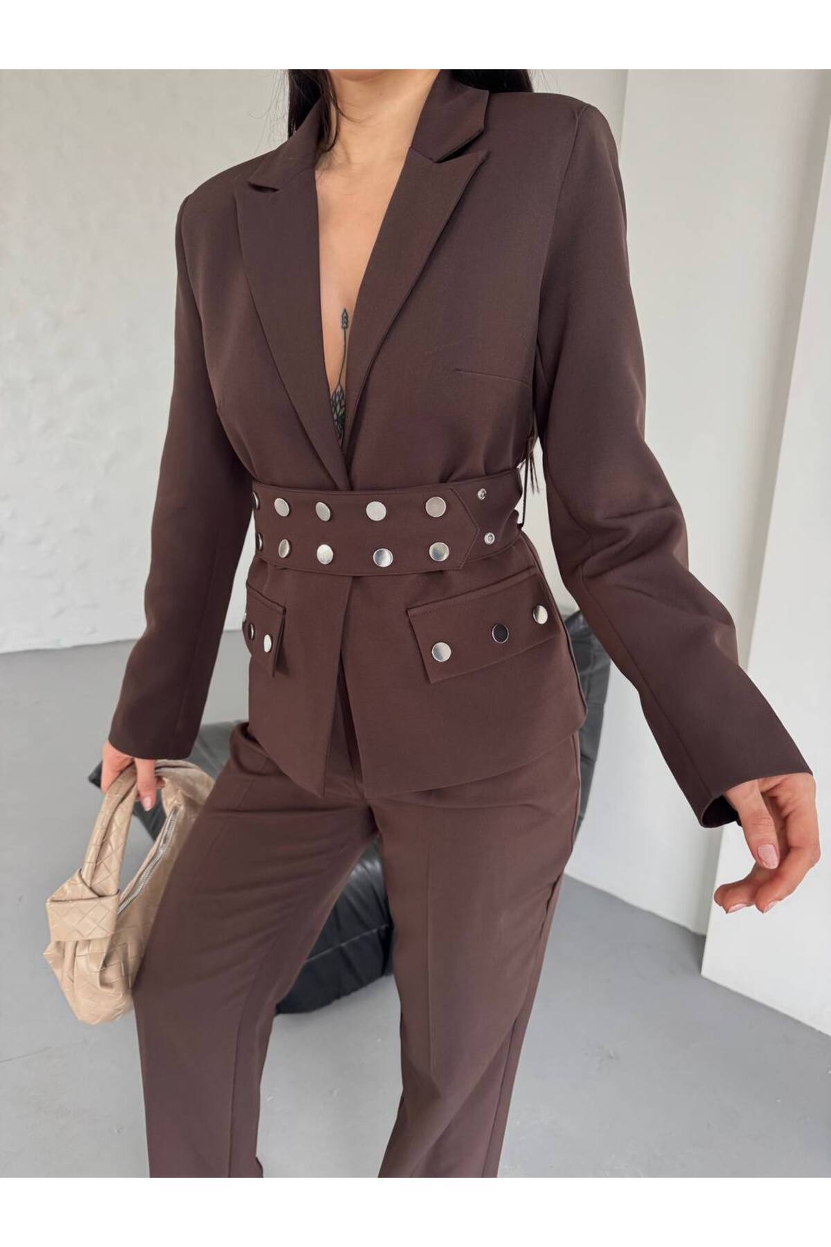 ZF BUTİK-Women's Cekey Trousers Snap Detail Suit 8