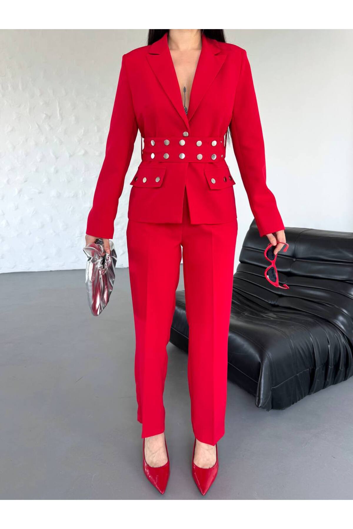 Damen Blazer & Hose Set mit Druckknopf-Detail - Görsel 6