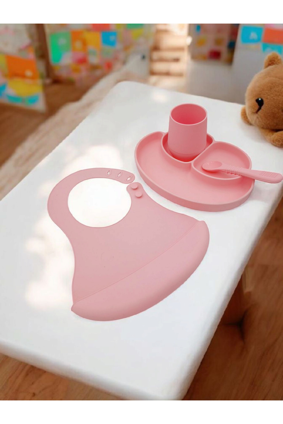 CKM silikon 4lü silikon bebek beslenme seti 3 bölmeli mama tabağı bardak kaşık önlük fotoğrafı 3 (önizleme)