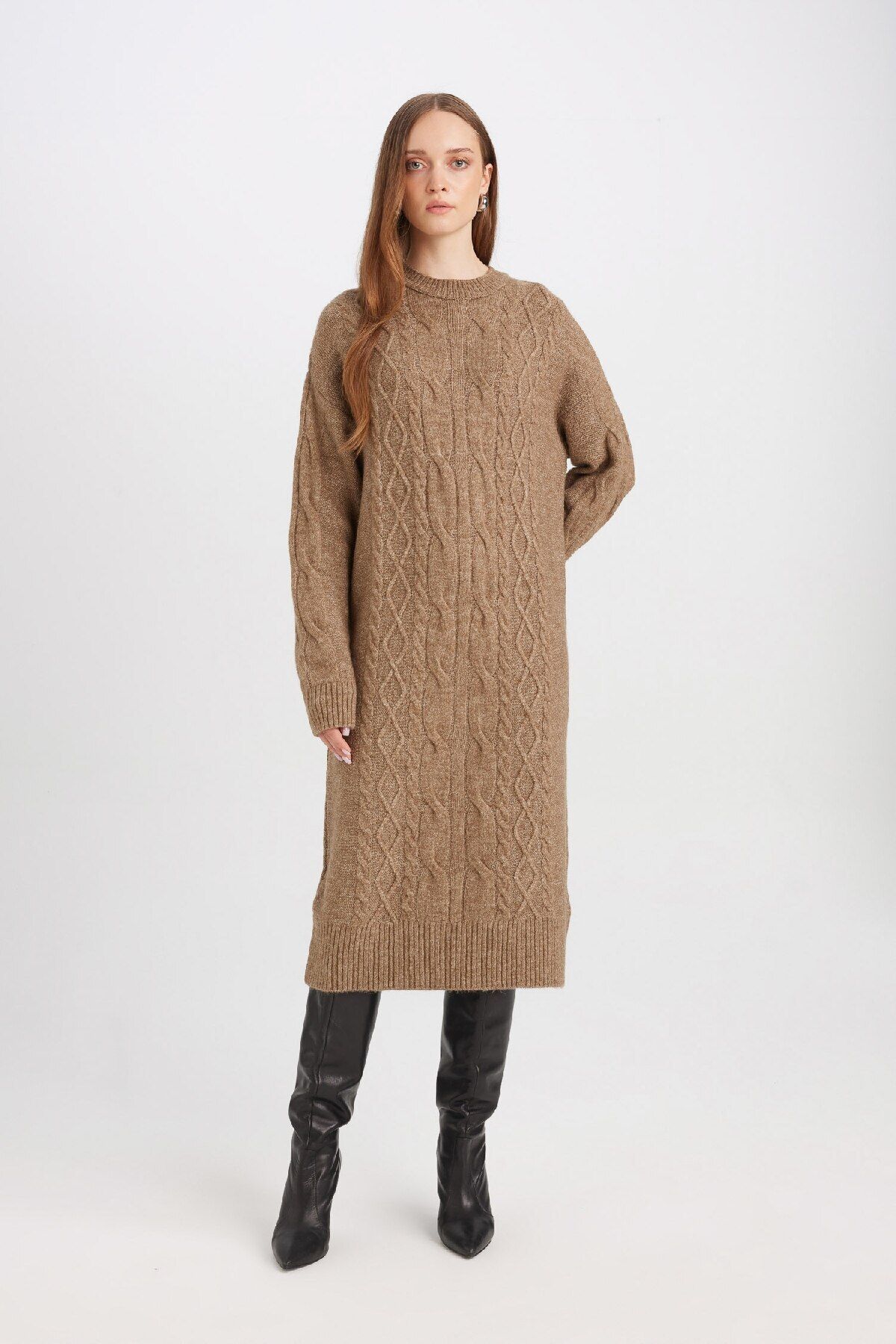 DeFacto-Regular Fit Rundhals Strickkleid mit Zopfmuster Basic Einfarbig Langarm Maxi Y2073az24wn 2