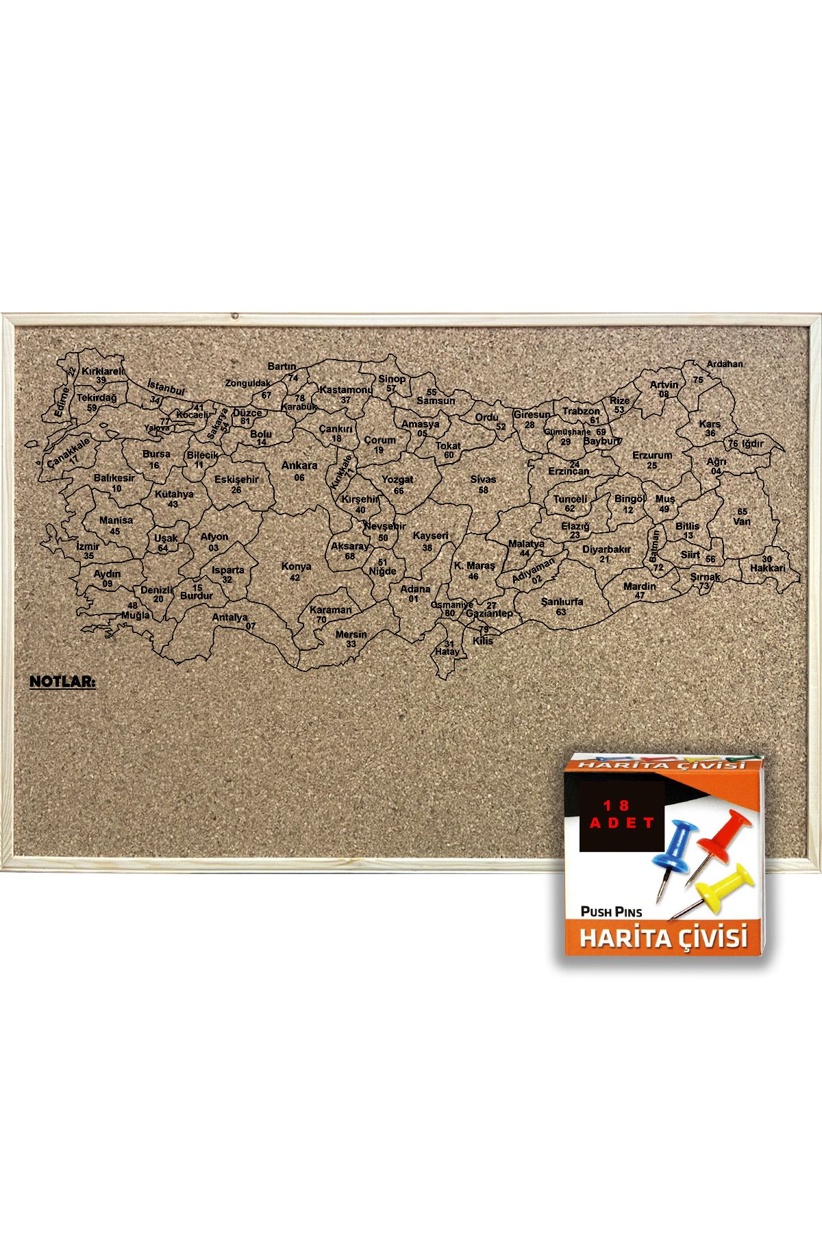 AND Mantar Pano Türkiye Haritası (Plaka Detaylı) Ahşap Çerçeveli 45x60 Cm + Harita Çivisi