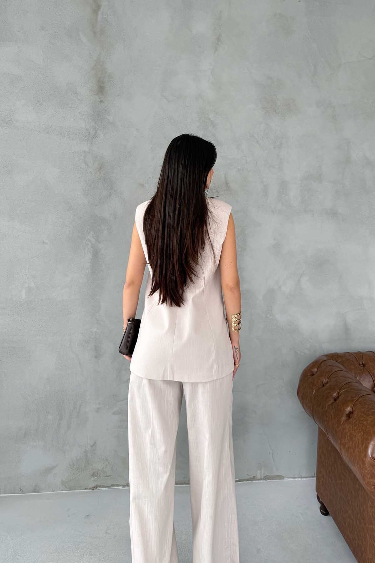 Seda Yalçın Atelier-Woman's Stone Linen Vest and Trousers Set 4