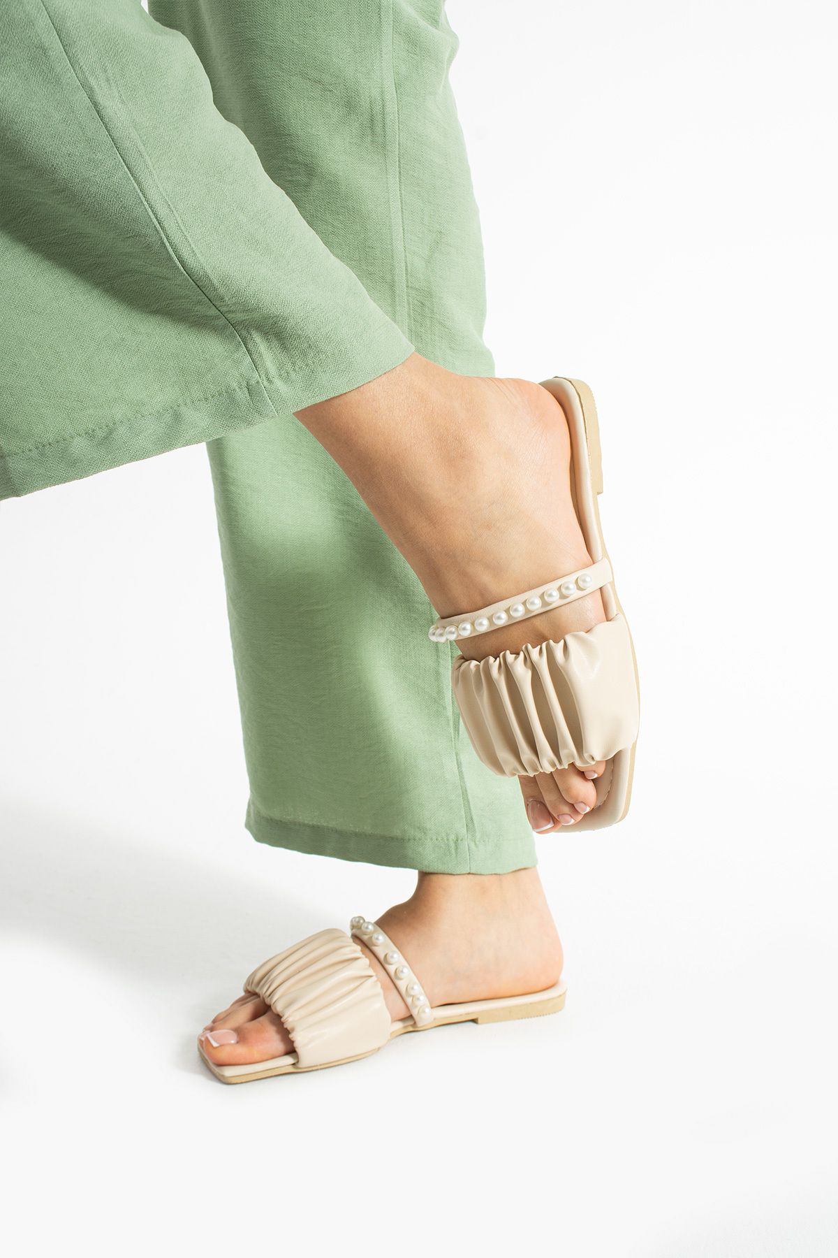 Moda Devrin-Beige Drawstring Pearl Women's Slippers 3