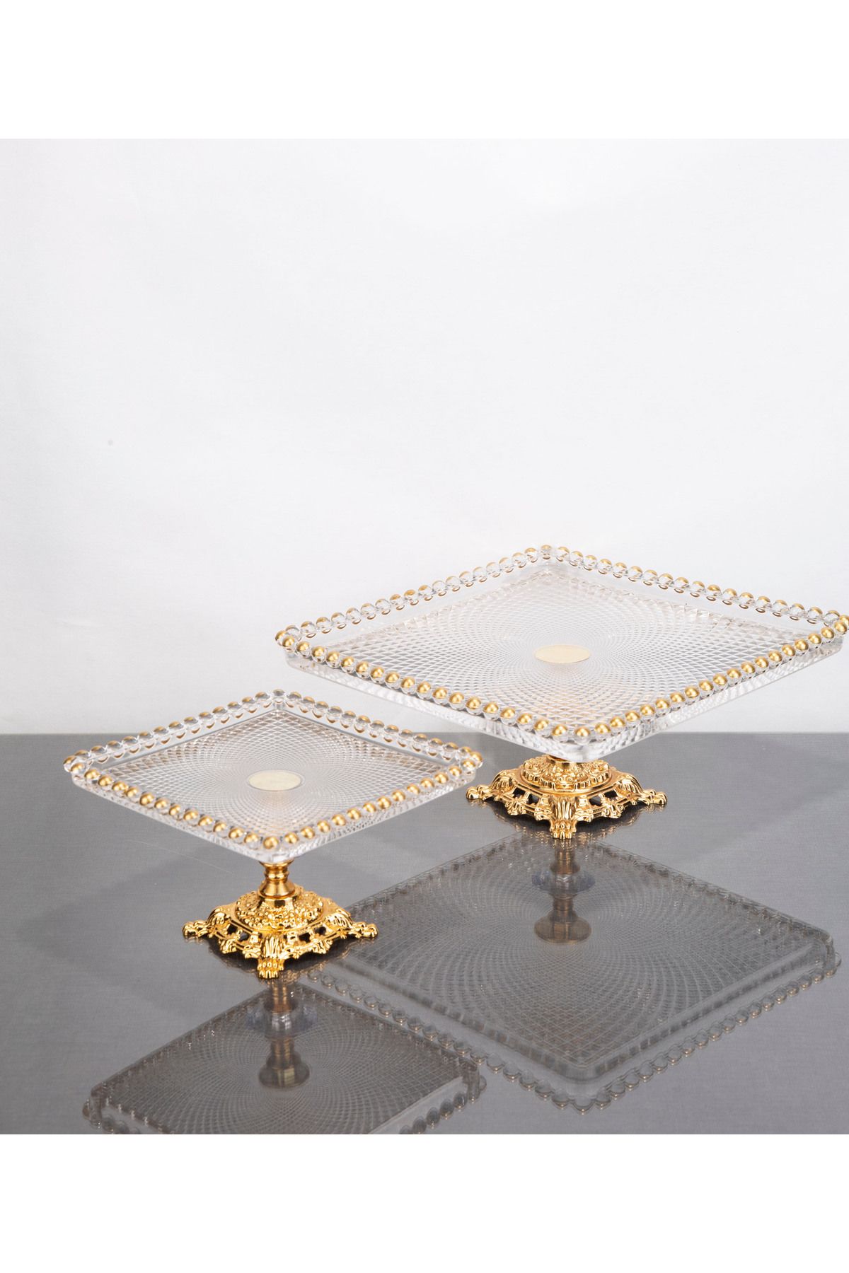ARGKRİSTAL-Gold Service Presentation Plates 17X17 Small 26X26 Large Vertical Line Design 2