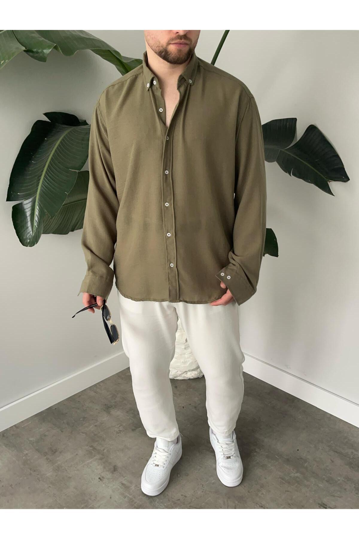 Richarlison  Erkek Haki Keten Dokulu Uzun Kollu Oversize Gömlek - Görsel 2